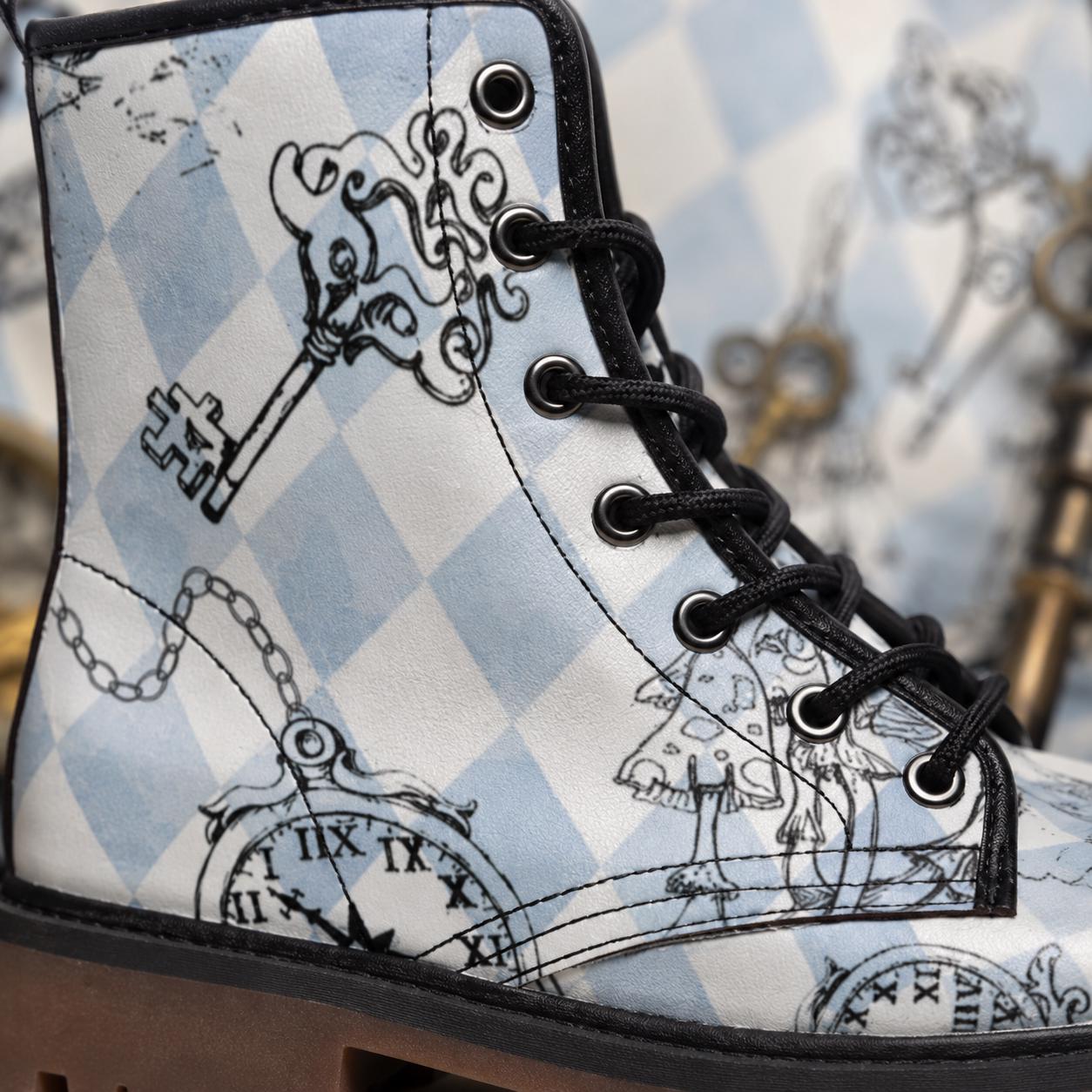 Alice in Wonderland Harlequin Boots, Mushroom Pocket Watch Print, Vegan Leather Lace Up