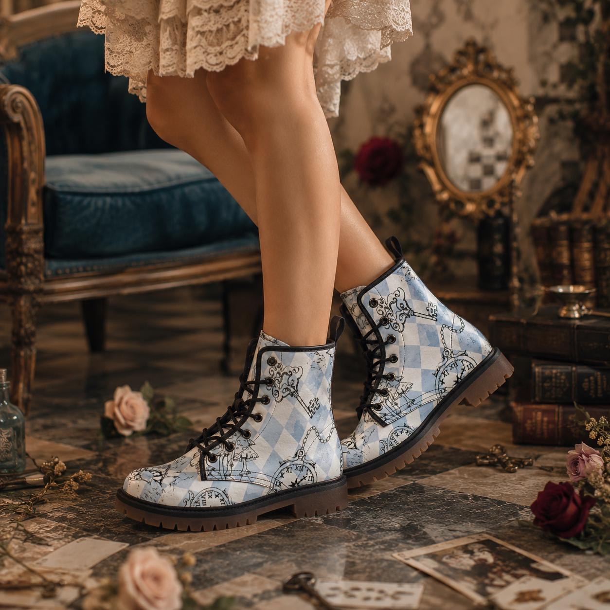 Alice in Wonderland Harlequin Boots, Mushroom Pocket Watch Print, Vegan Leather Lace Up