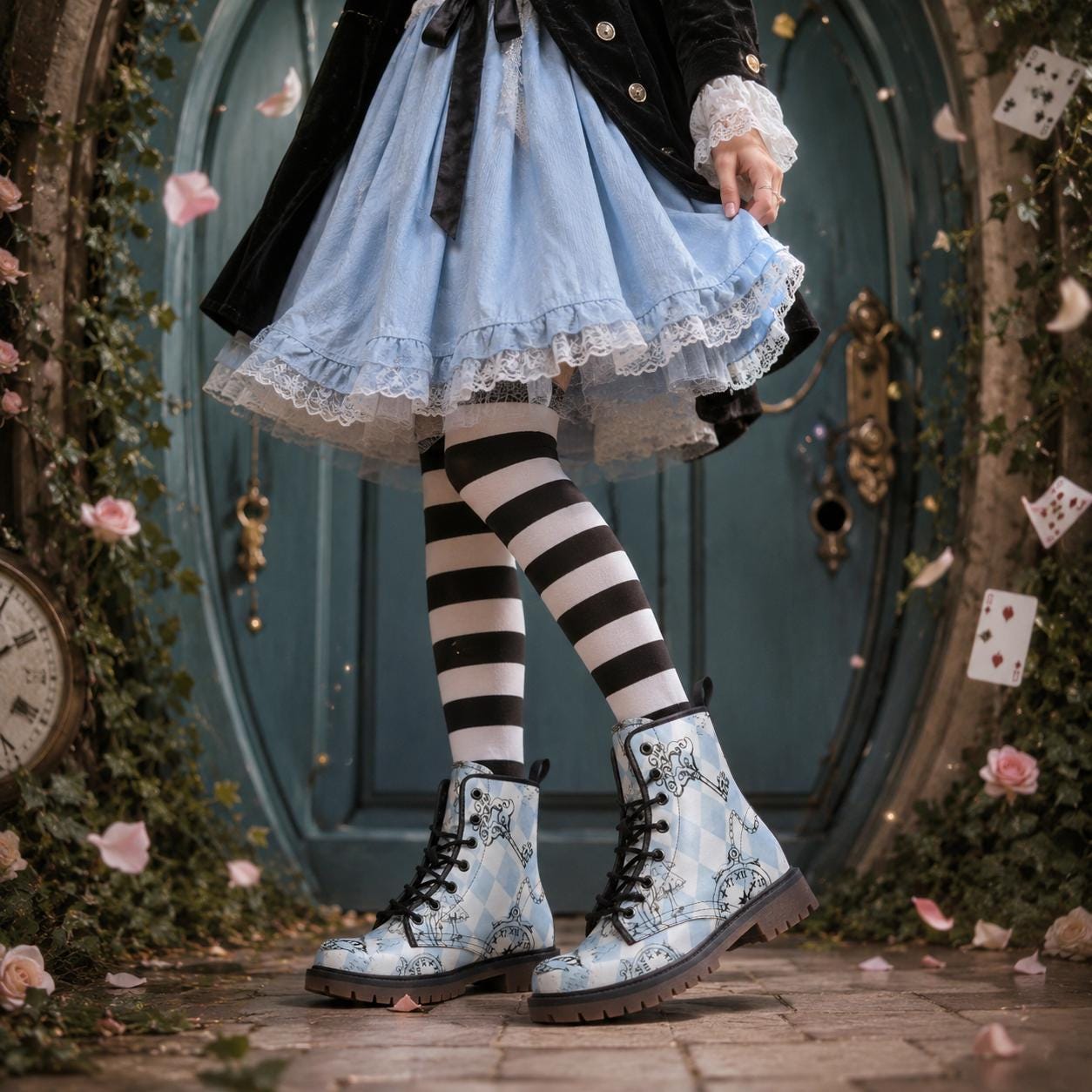Alice in Wonderland Harlequin Boots, Mushroom Pocket Watch Print, Vegan Leather Lace Up
