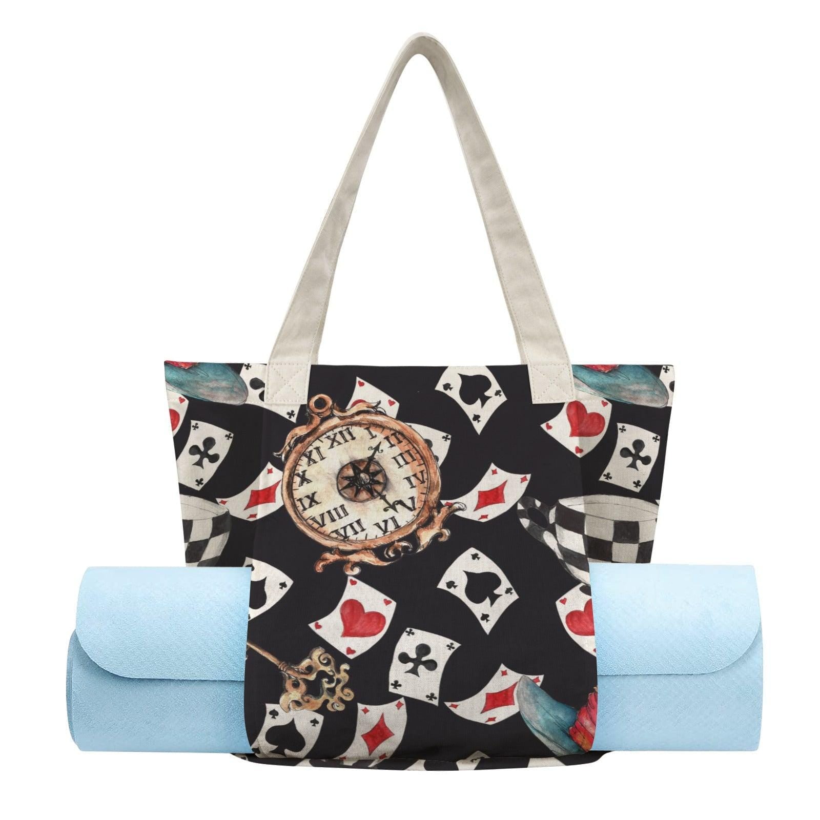 Black Playing Card and Vintage Clock Print Tote Bag with Light Blue Panels