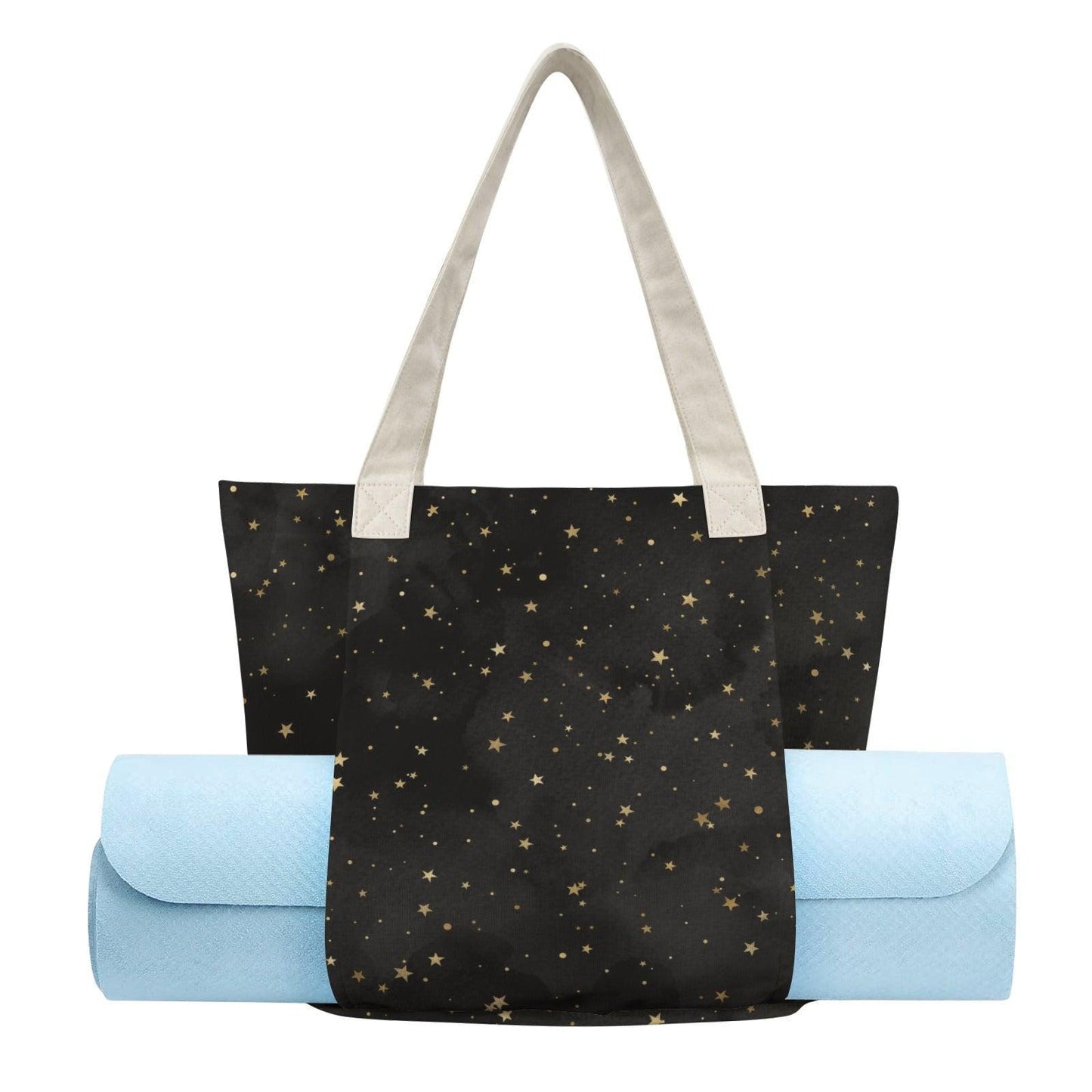 Gold Star Black Canvas Tote Bag, Celestial Night Shoulder Bag, Yoga Work Carry