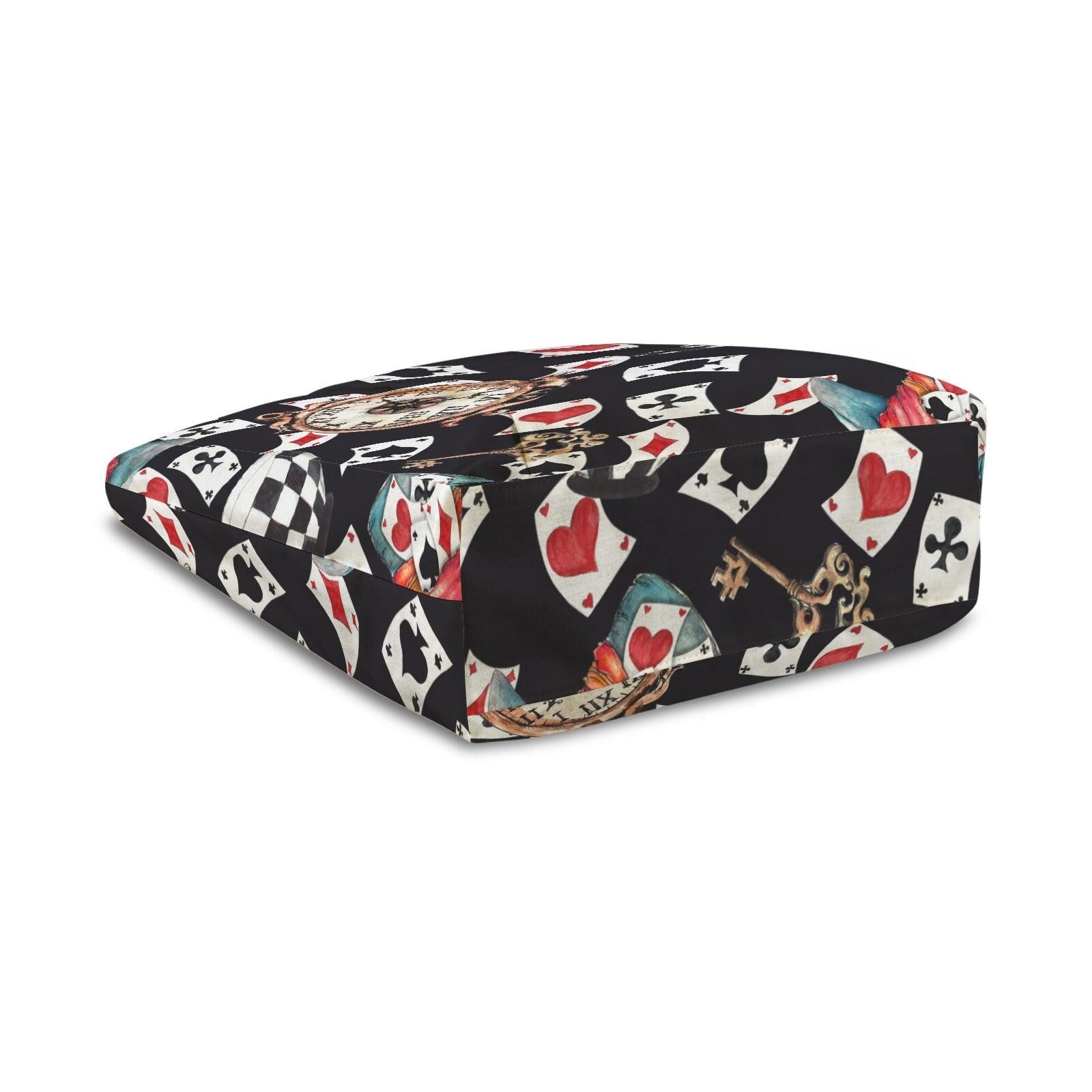 Black Playing Card and Vintage Clock Print Tote Bag with Light Blue Panels