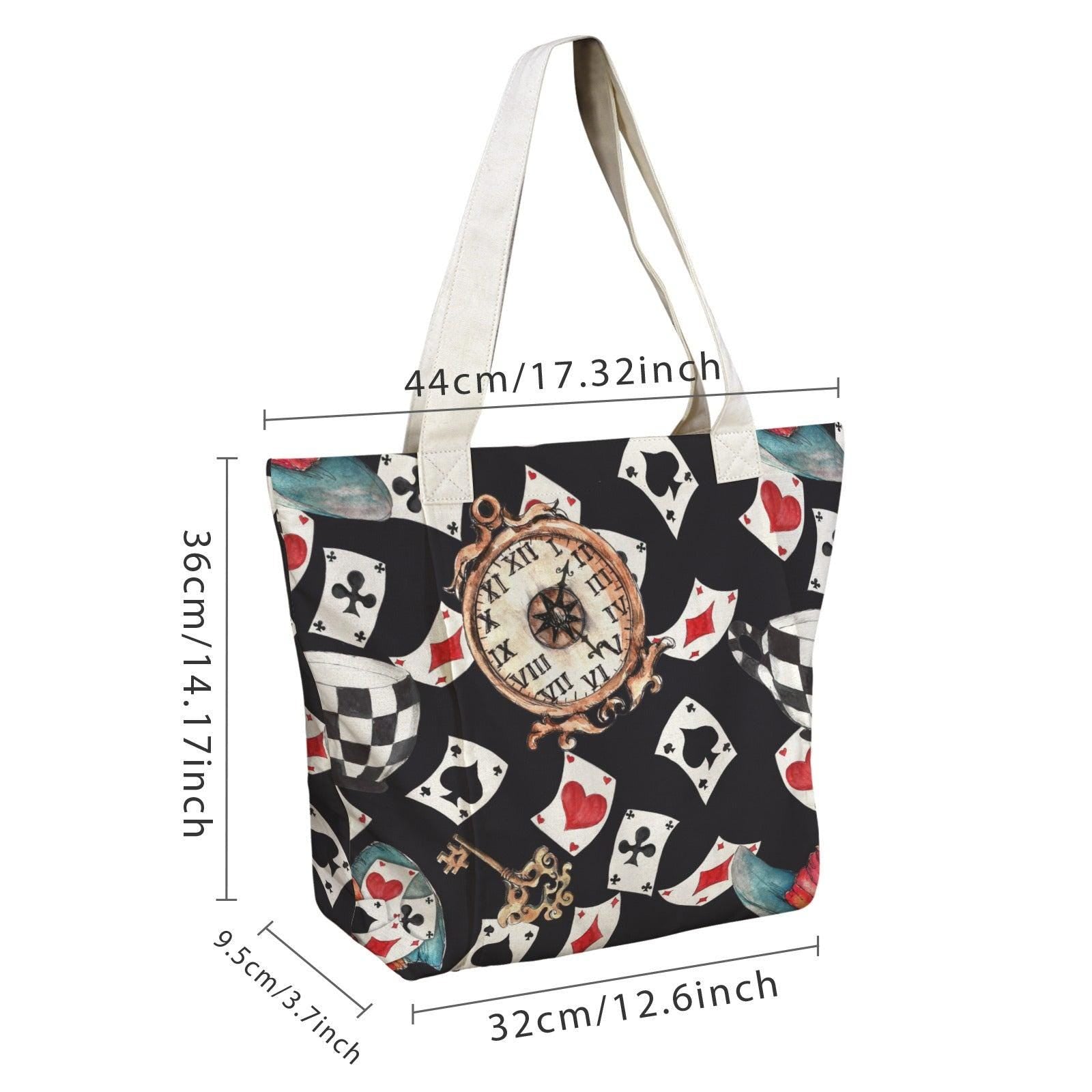 Black Playing Card and Vintage Clock Print Tote Bag with Light Blue Panels
