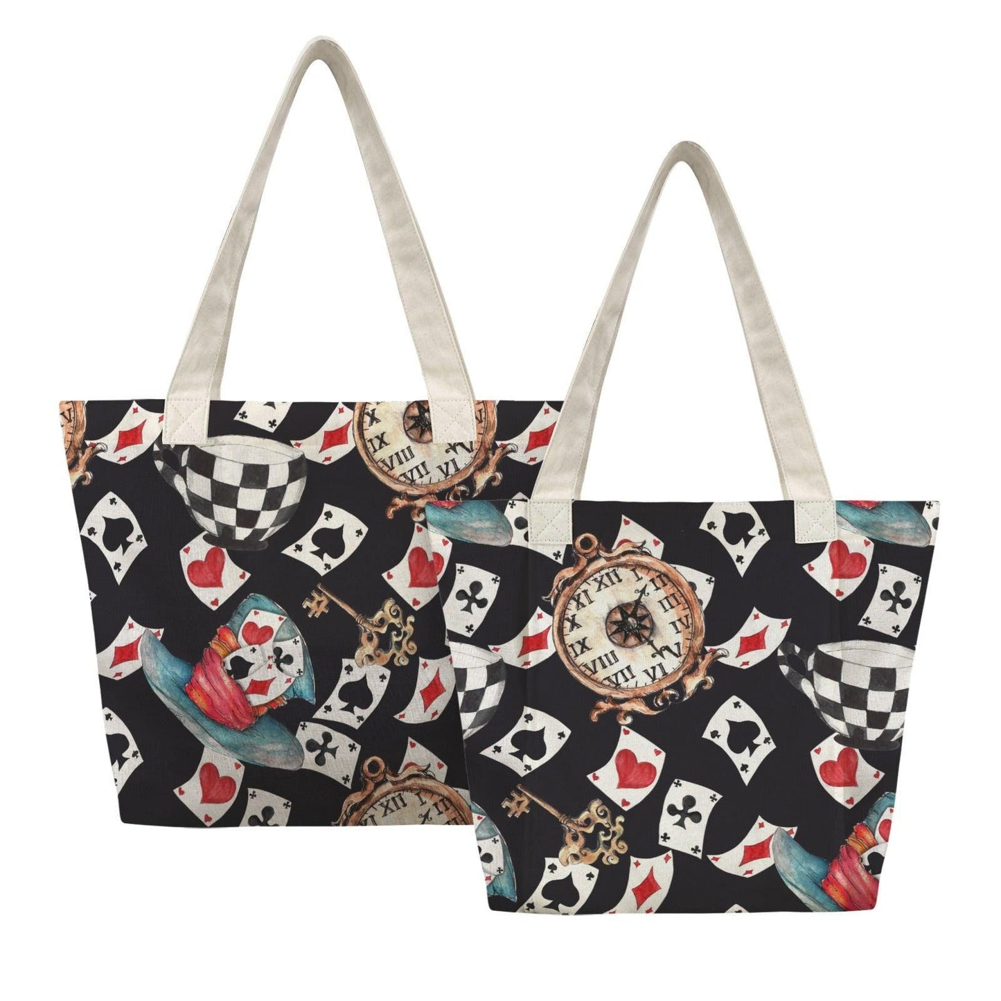 Black Playing Card and Vintage Clock Print Tote Bag with Light Blue Panels