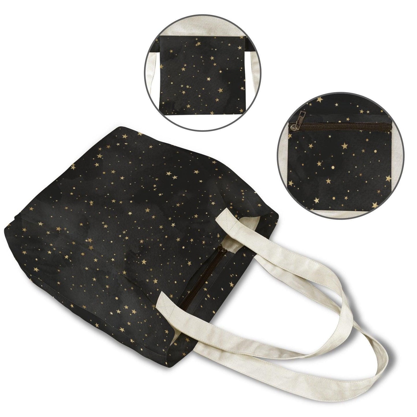 Gold Star Black Canvas Tote Bag, Celestial Night Shoulder Bag, Yoga Work Carry