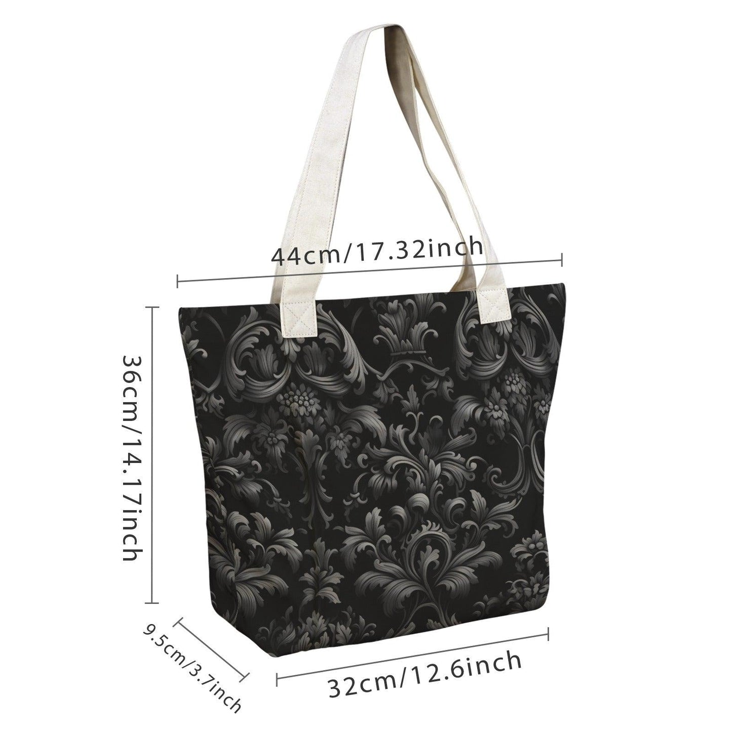 Dark Floral Tote Bag with Contrast Straps, Black and Deep Green Botanical Print