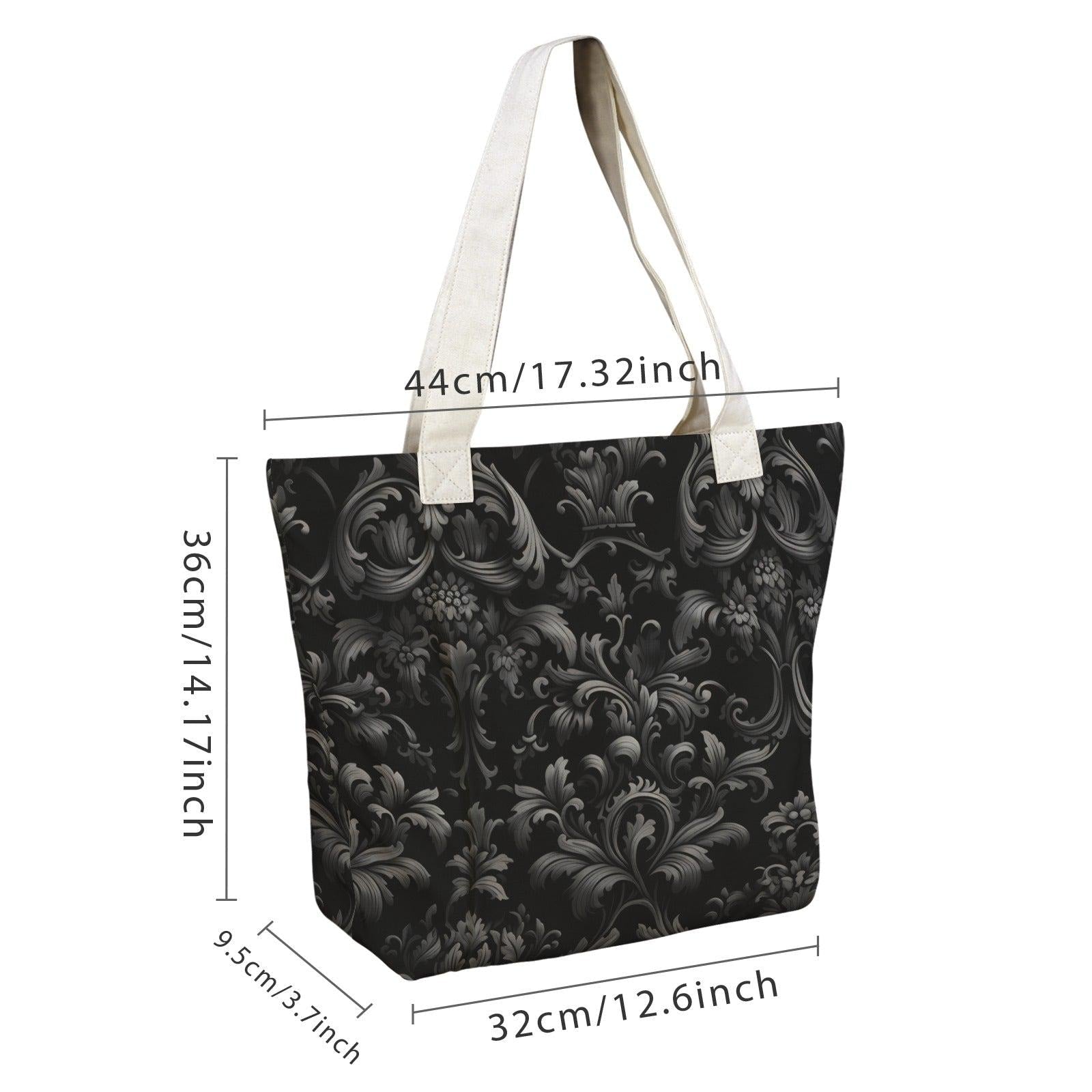 Dark Floral Tote Bag with Contrast Straps, Black and Deep Green Botanical Print