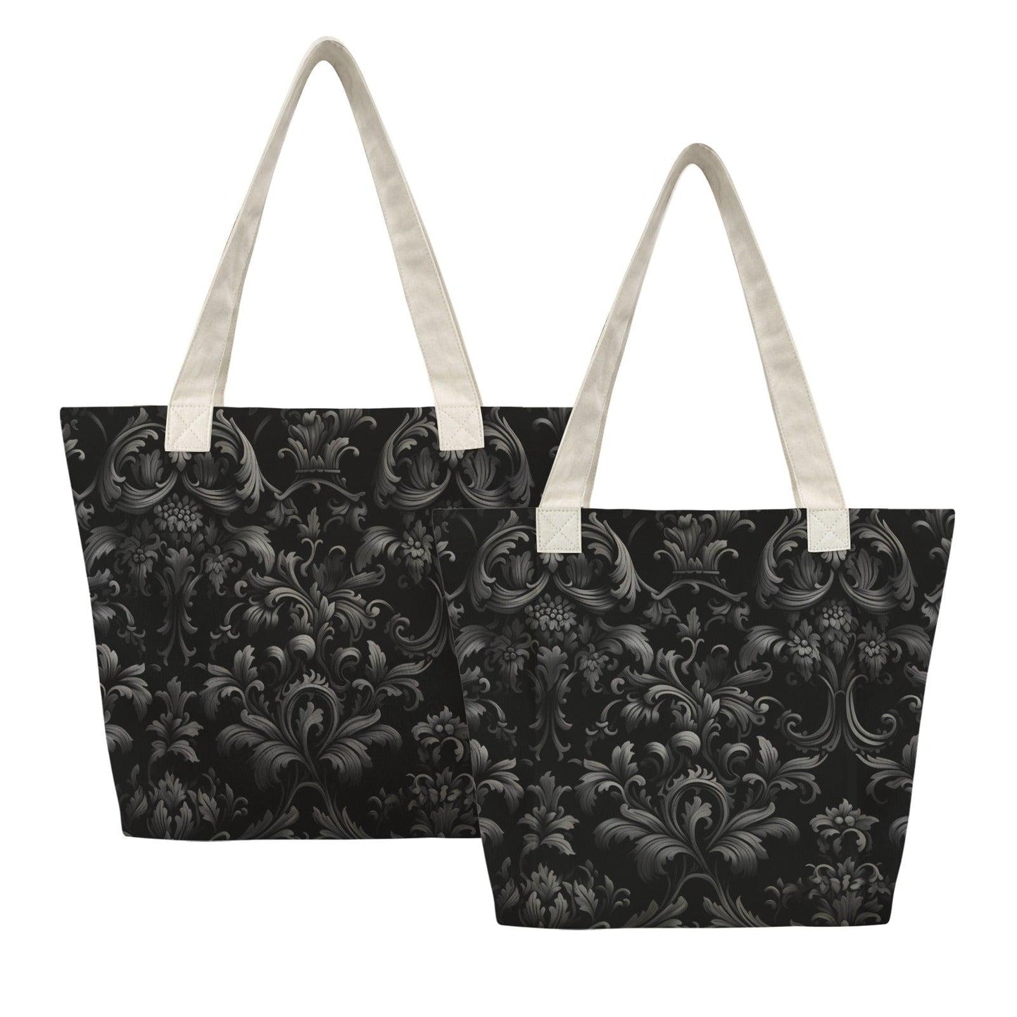 Dark Floral Tote Bag with Contrast Straps, Black and Deep Green Botanical Print