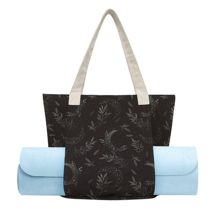 Black Celestial Yoga Mat Tote: Moon, Stars, Botanical Print (Mat Compartment)