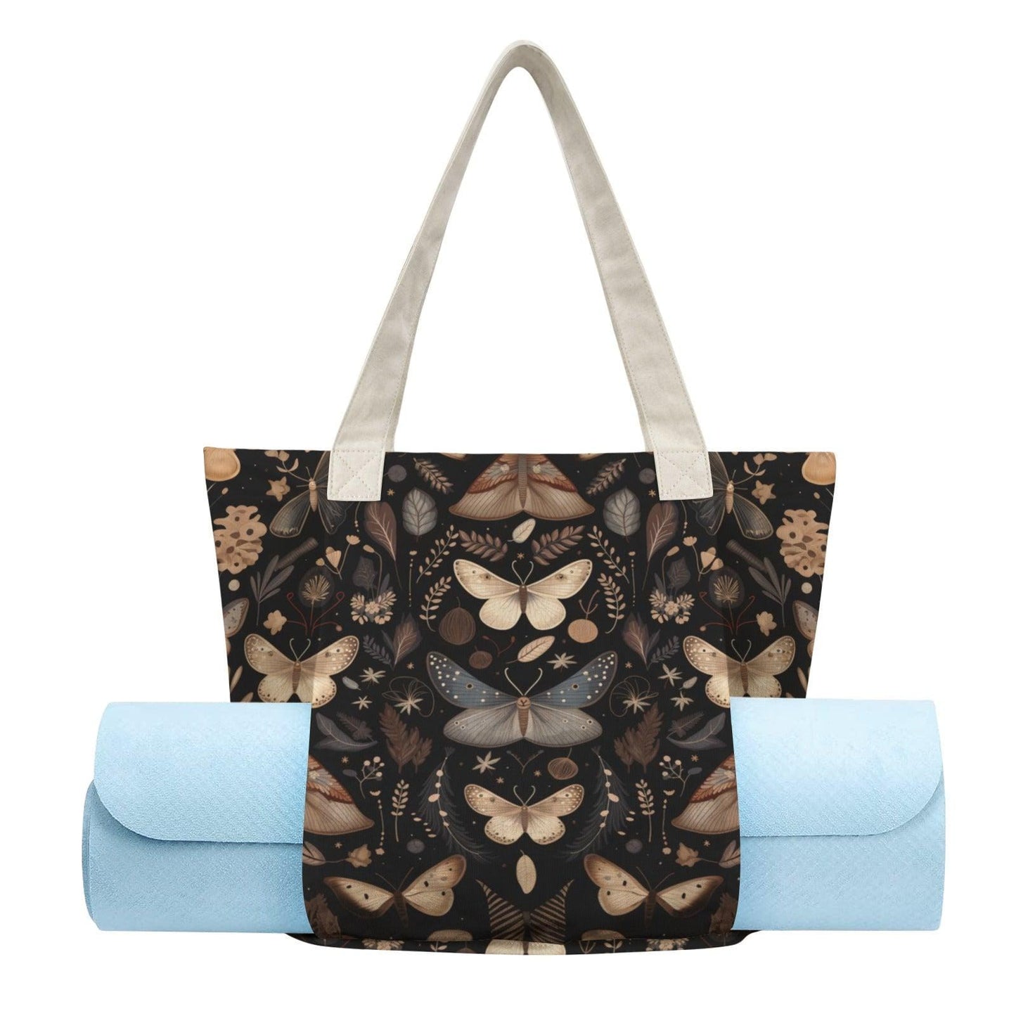 Moth and Butterfly Botanical Print Tote Bag with Cream Shoulder Straps