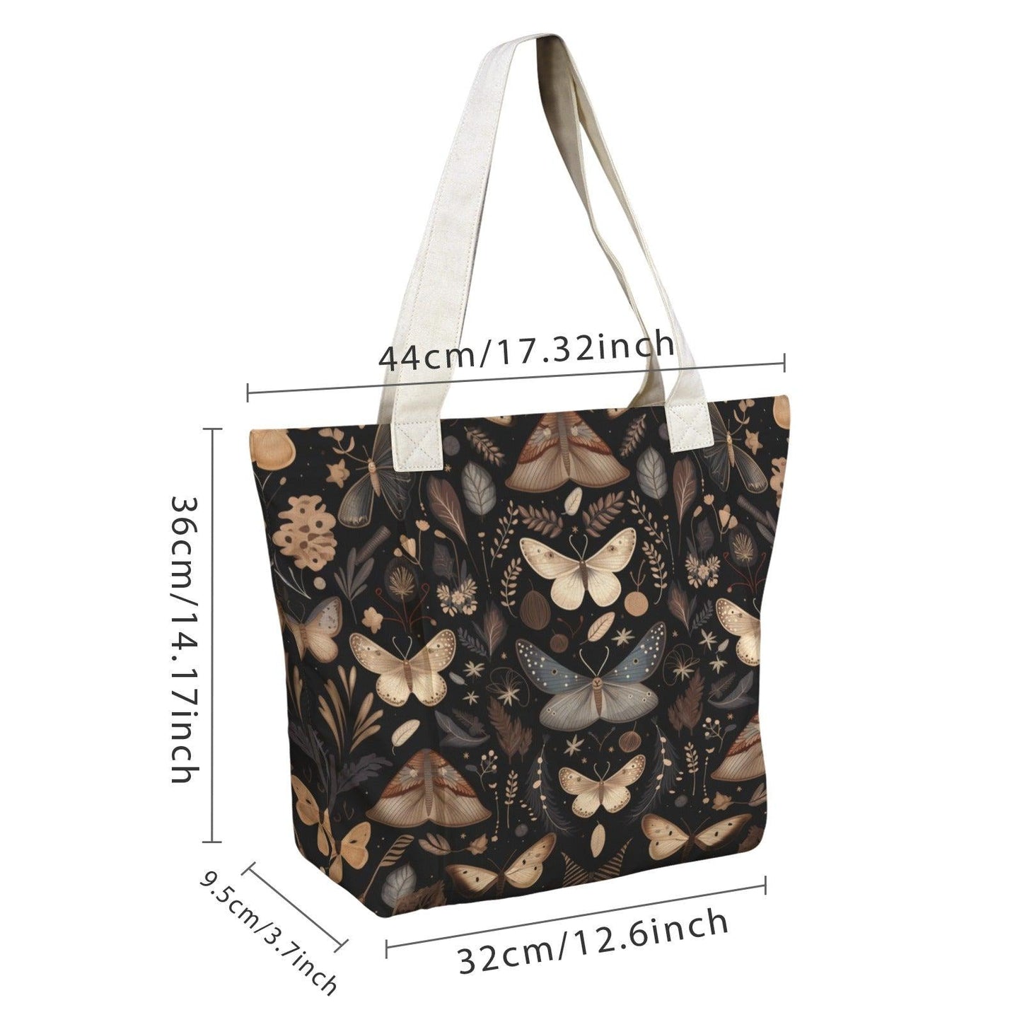 Moth and Butterfly Botanical Print Tote Bag with Cream Shoulder Straps