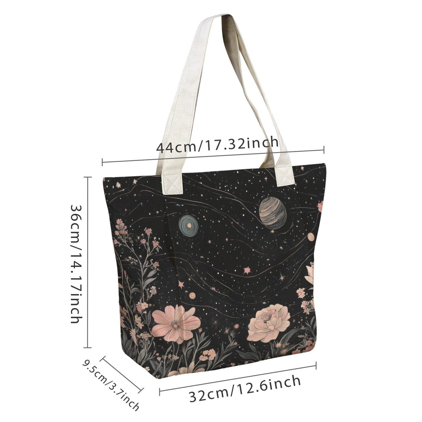 Celestial Floral Tote Bag, Pink Roses, Planets and Stars on Black