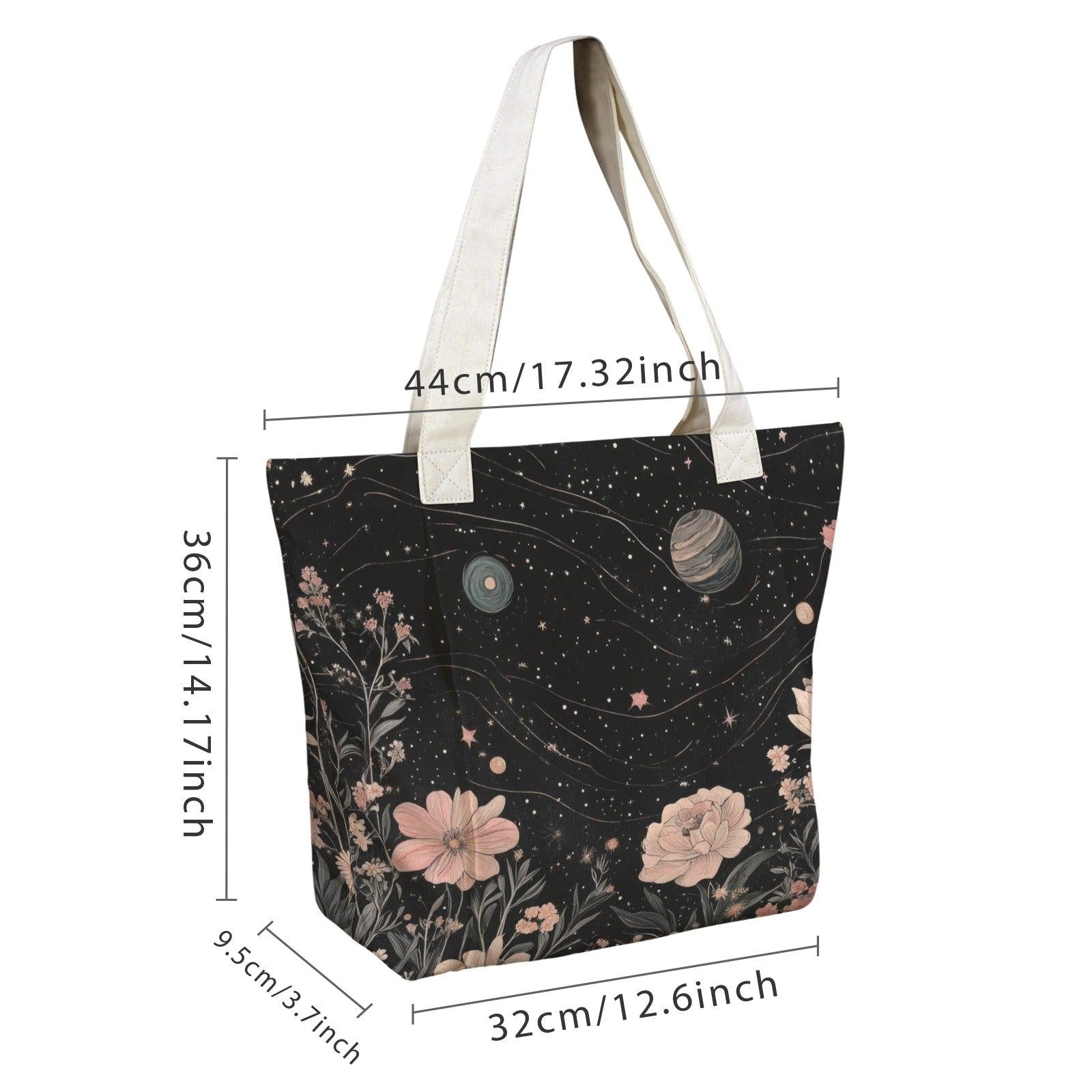 Celestial Floral Tote Bag, Pink Roses, Planets and Stars on Black
