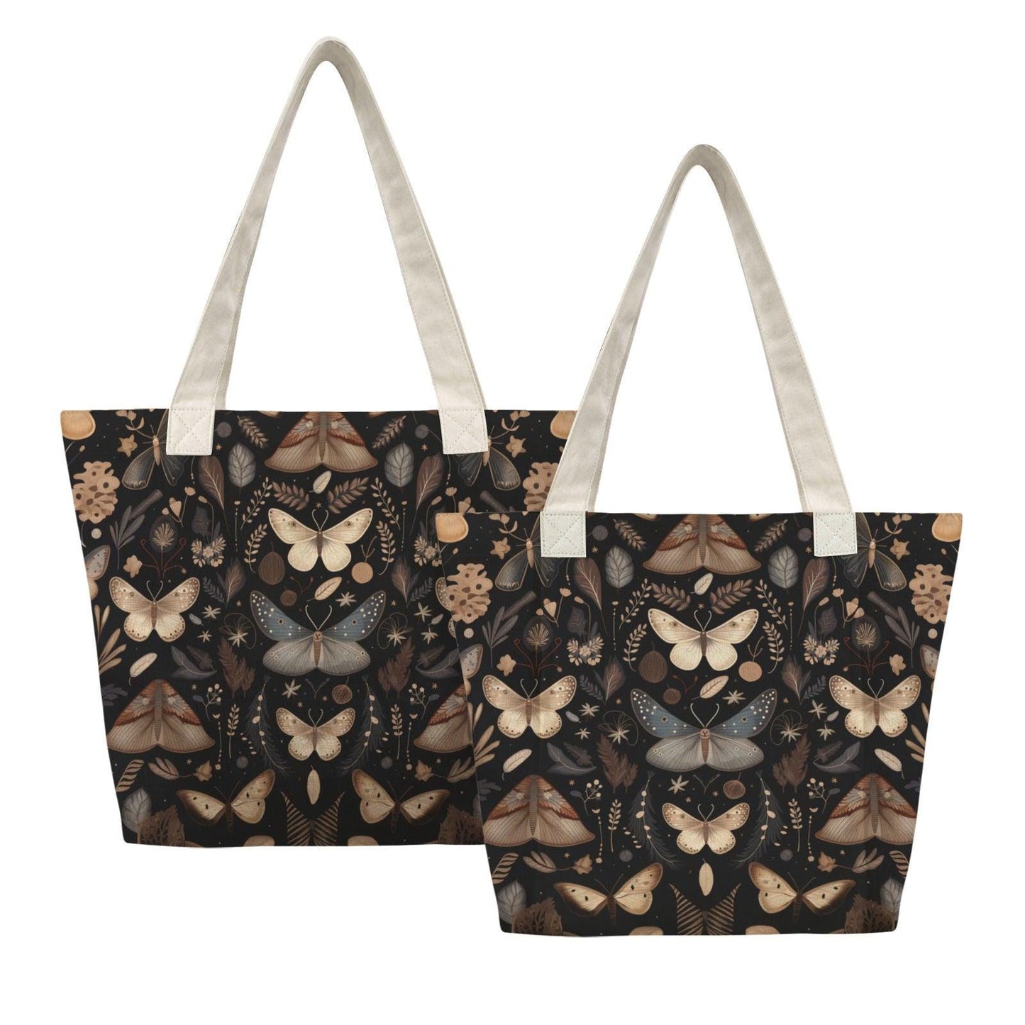 Moth and Butterfly Botanical Print Tote Bag with Cream Shoulder Straps