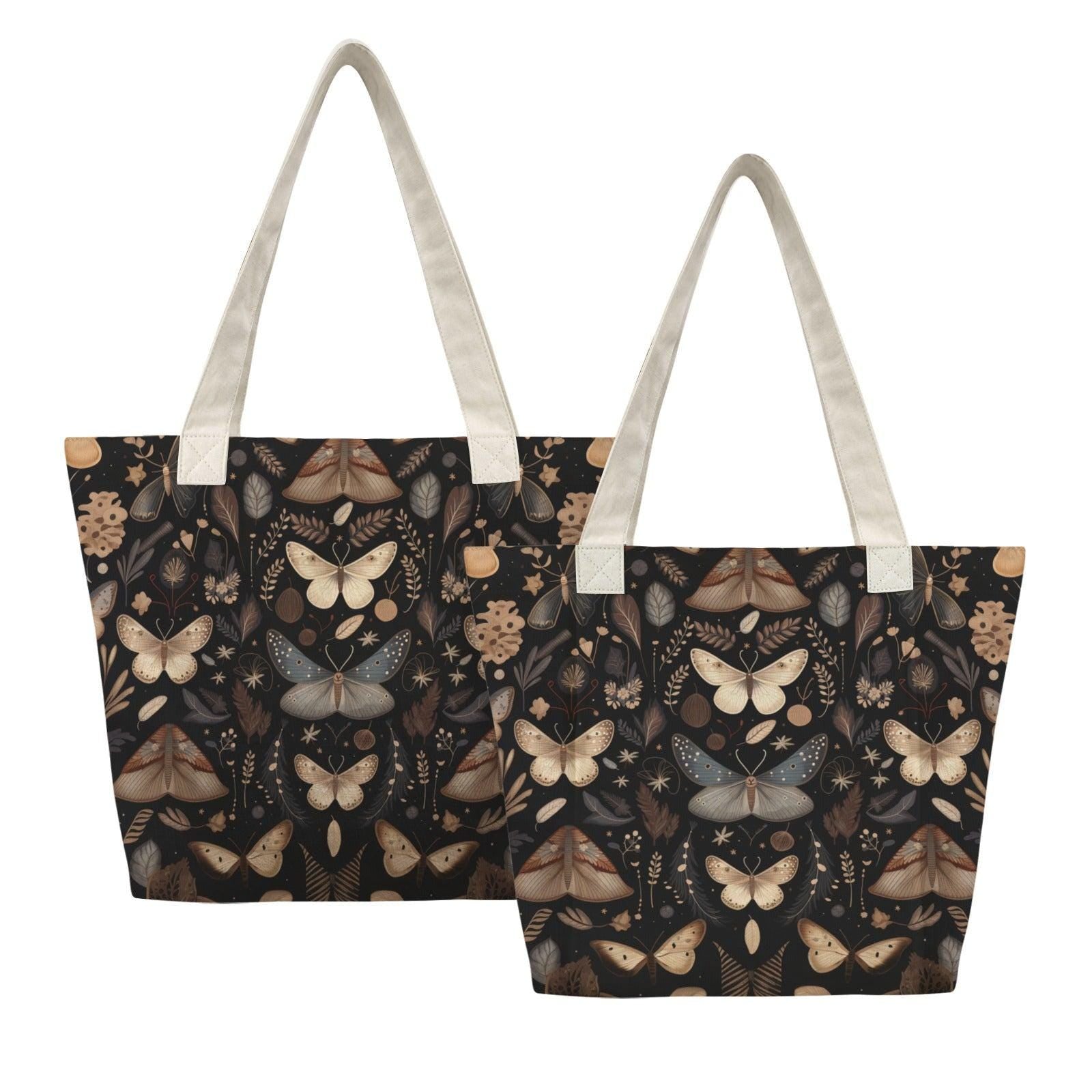 Moth and Butterfly Botanical Print Tote Bag with Cream Shoulder Straps