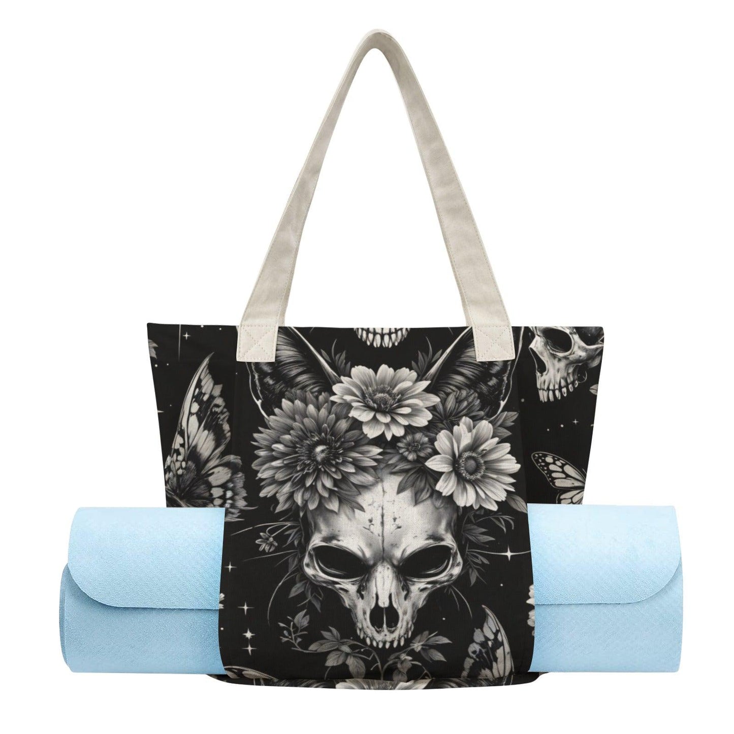 Skull and Sunflower Tote Bag in Black and White Gothic Floral Print