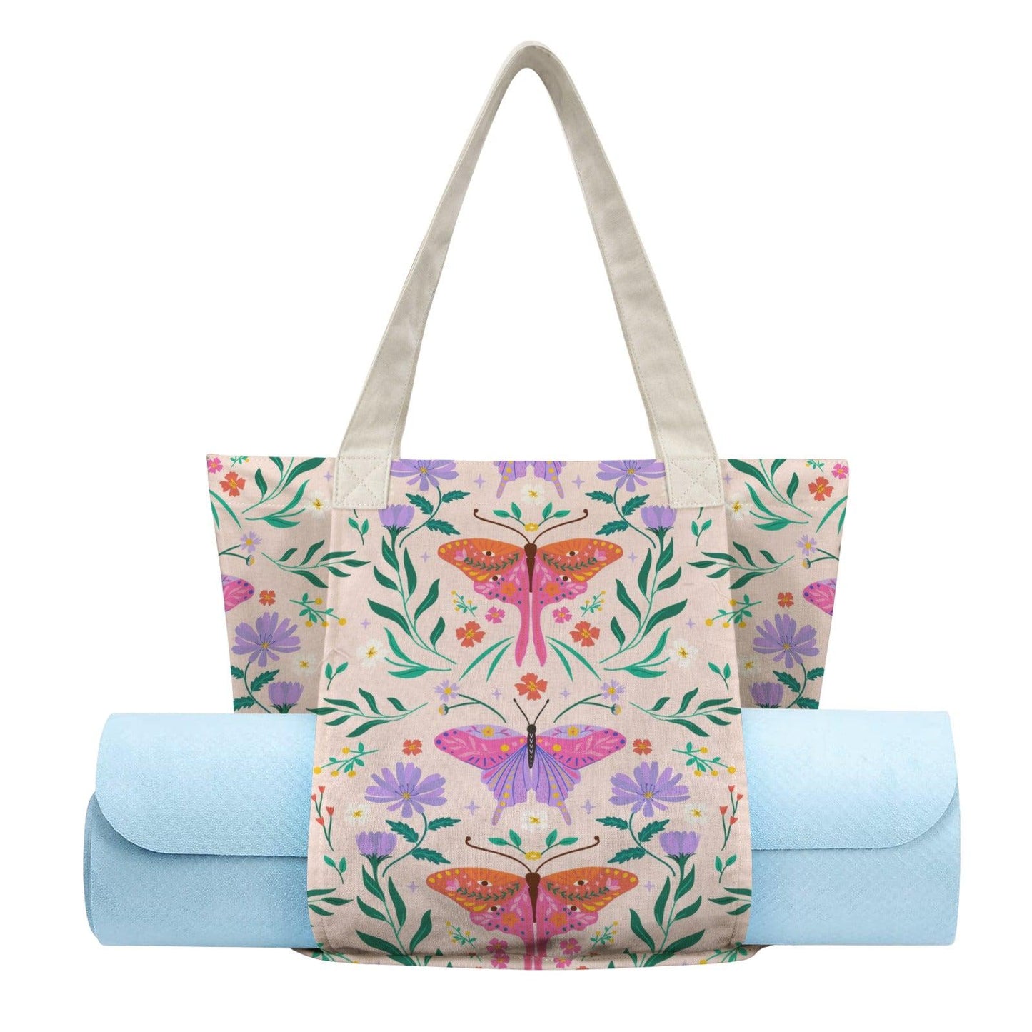 Art Nouveau Butterfly Yoga Mat Tote Bag, Pastel Floral Canvas Shoulder Bag