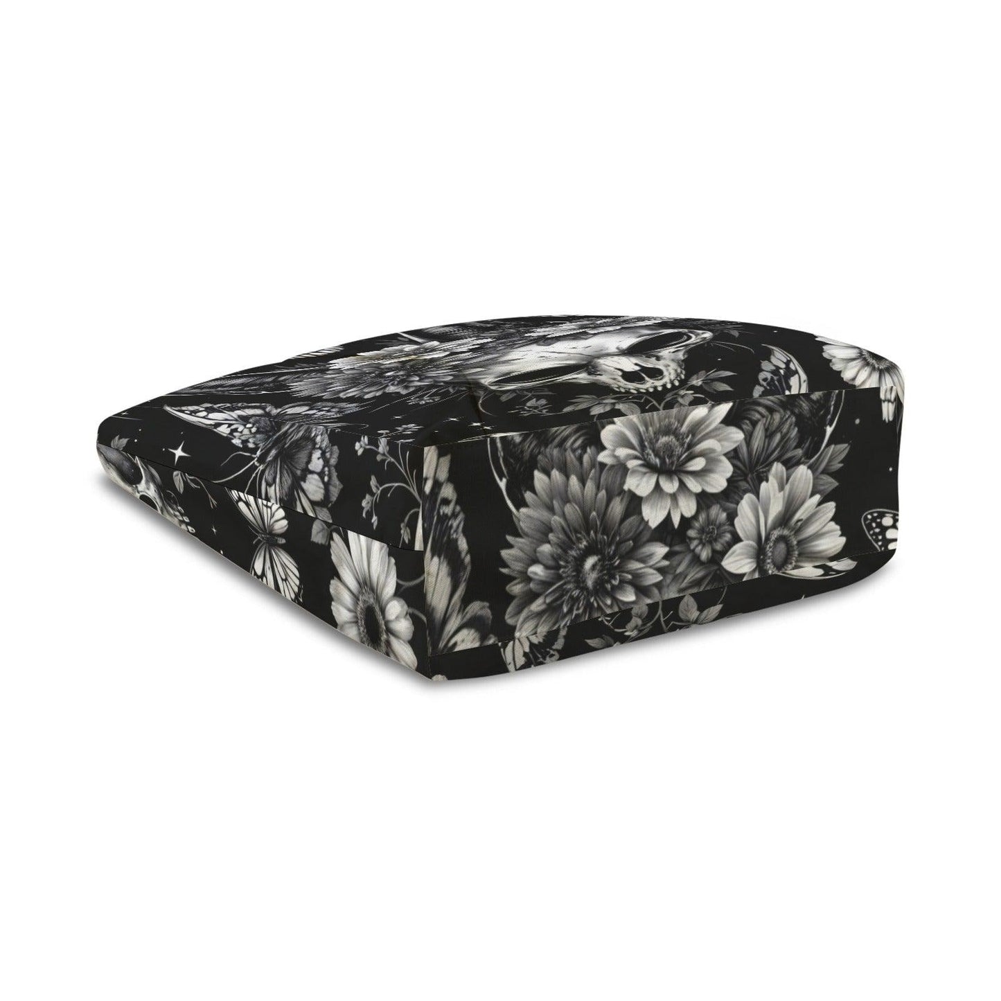 Skull and Sunflower Tote Bag in Black and White Gothic Floral Print