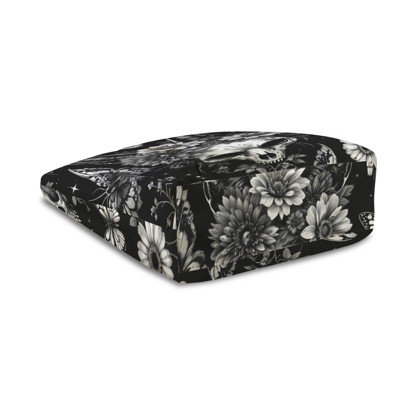 Skull and Sunflower Tote Bag in Black and White Gothic Floral Print