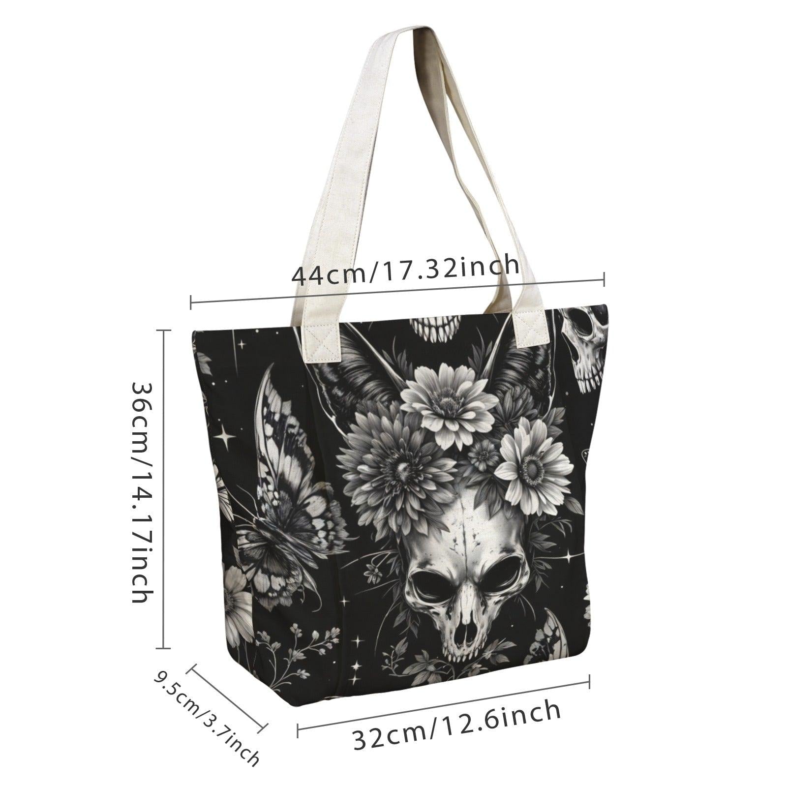 Skull and Sunflower Tote Bag in Black and White Gothic Floral Print