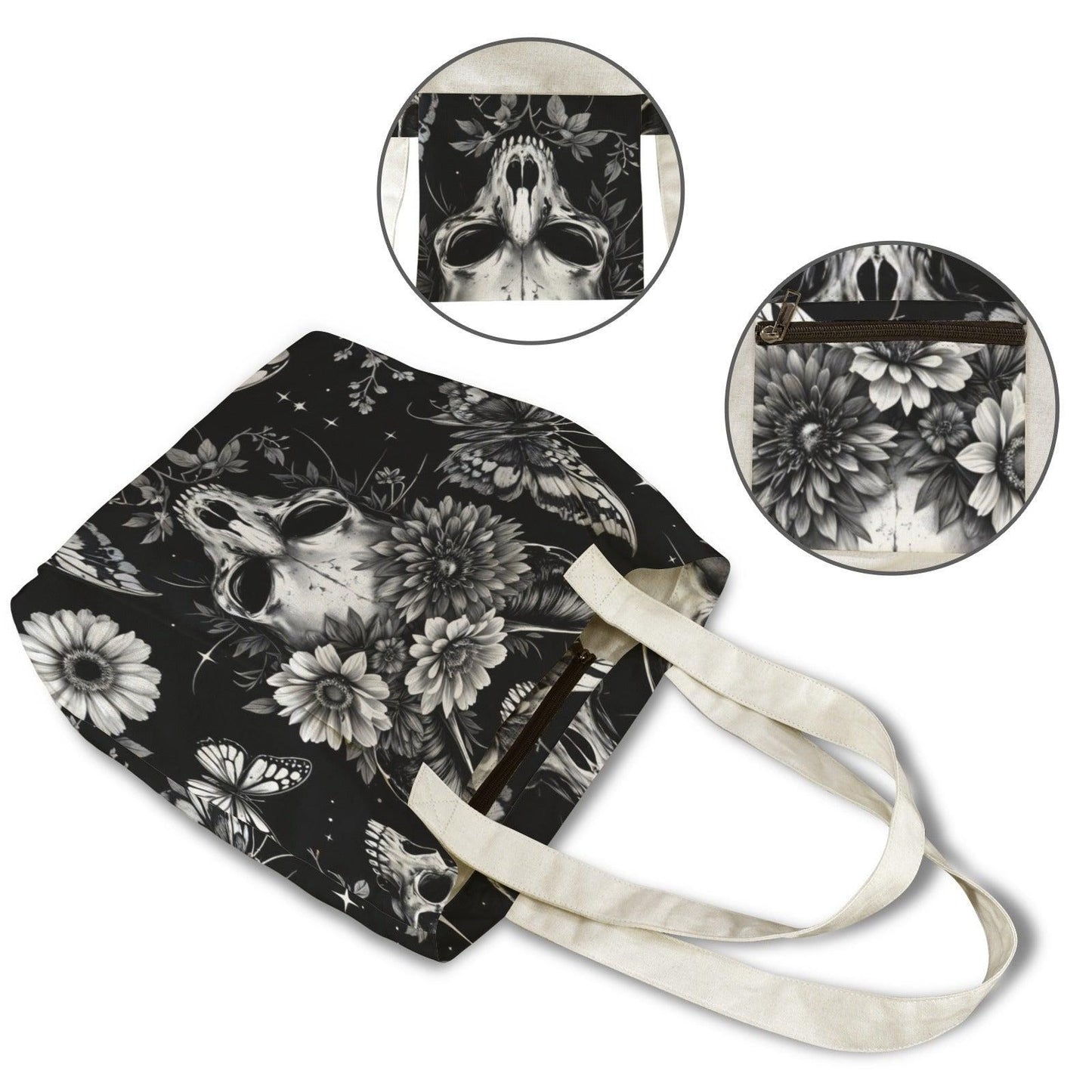 Skull and Sunflower Tote Bag in Black and White Gothic Floral Print