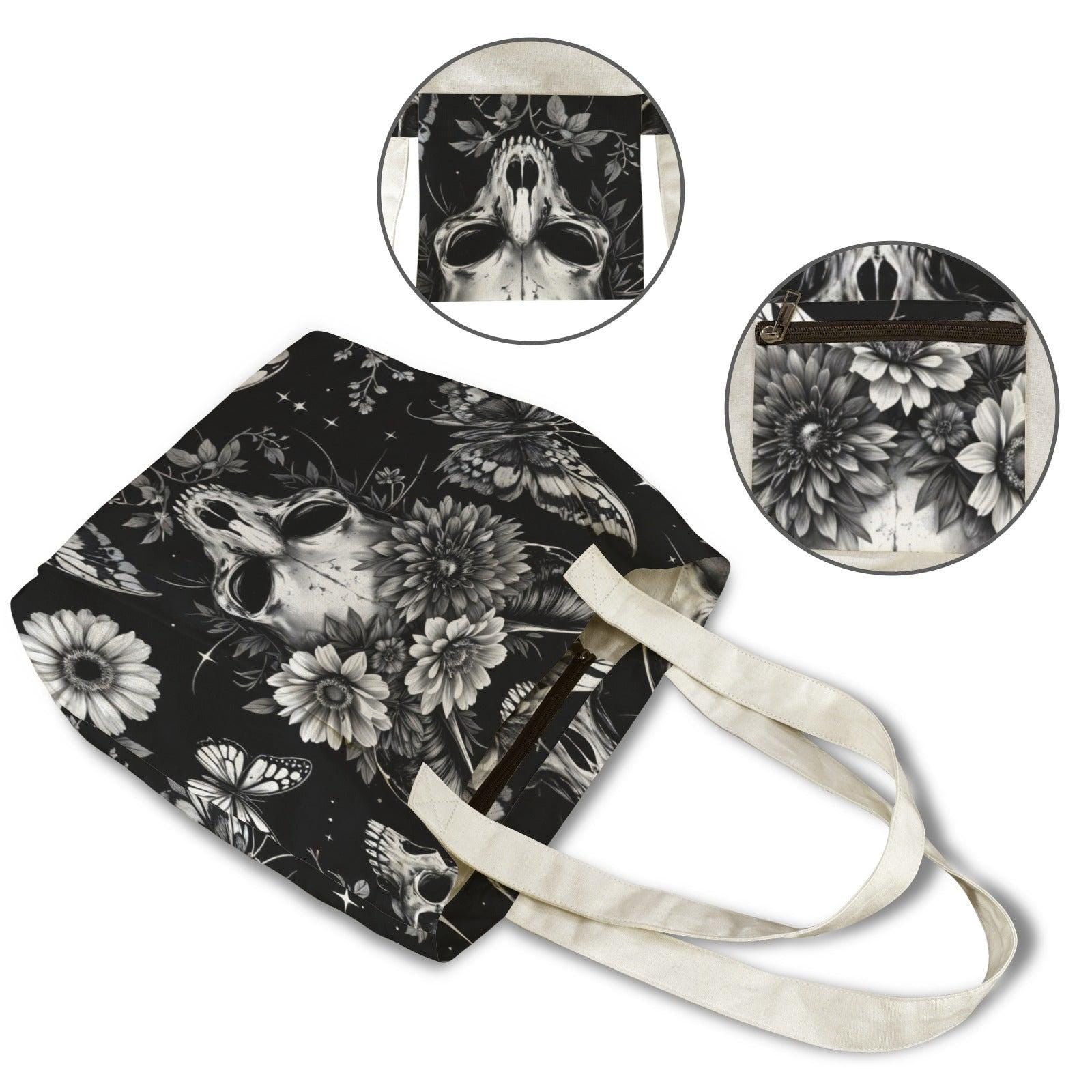Skull and Sunflower Tote Bag in Black and White Gothic Floral Print