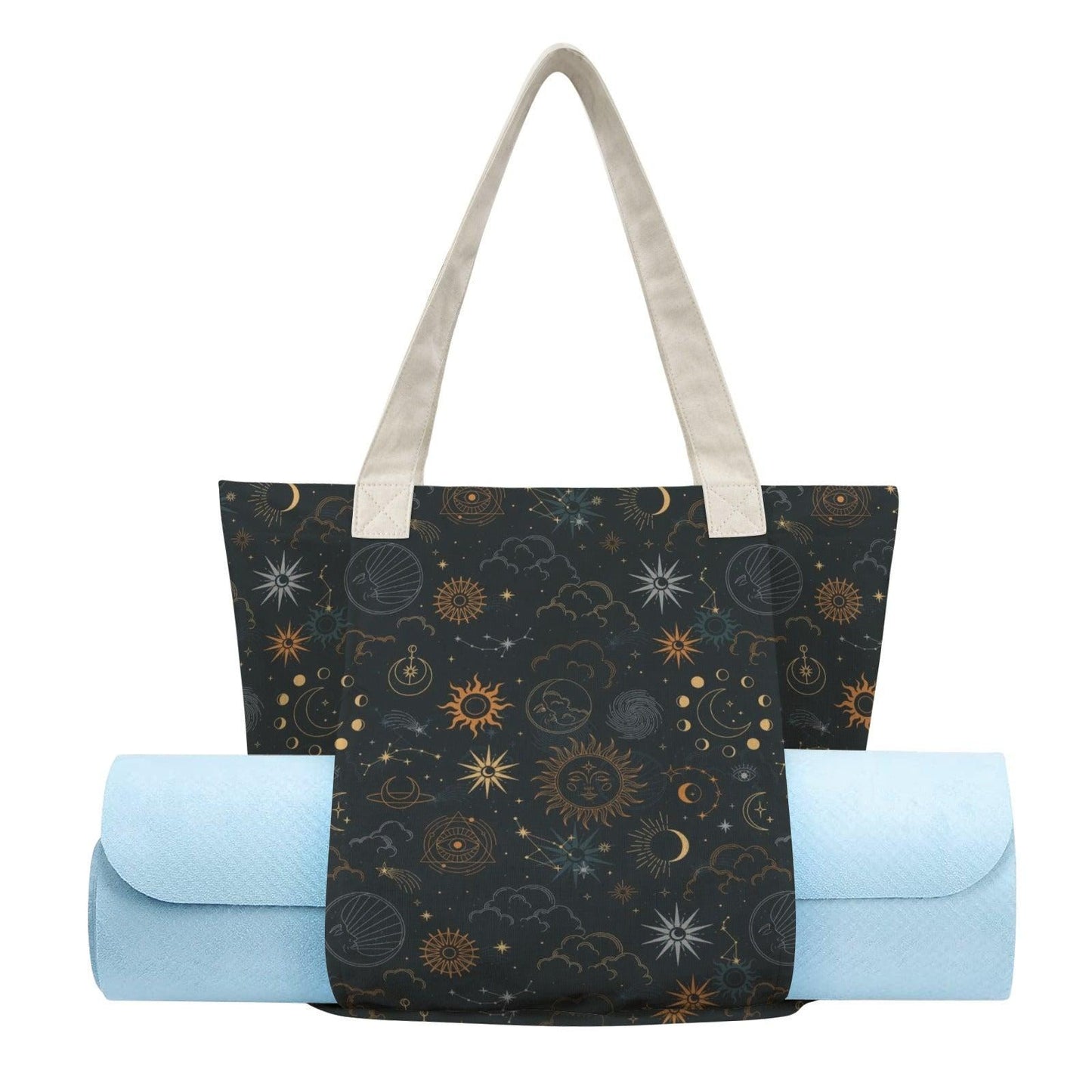 Celestial Yoga Mat Bag, Sun Moon Stars Tote with Strap, Dark Boho Studio Carrier