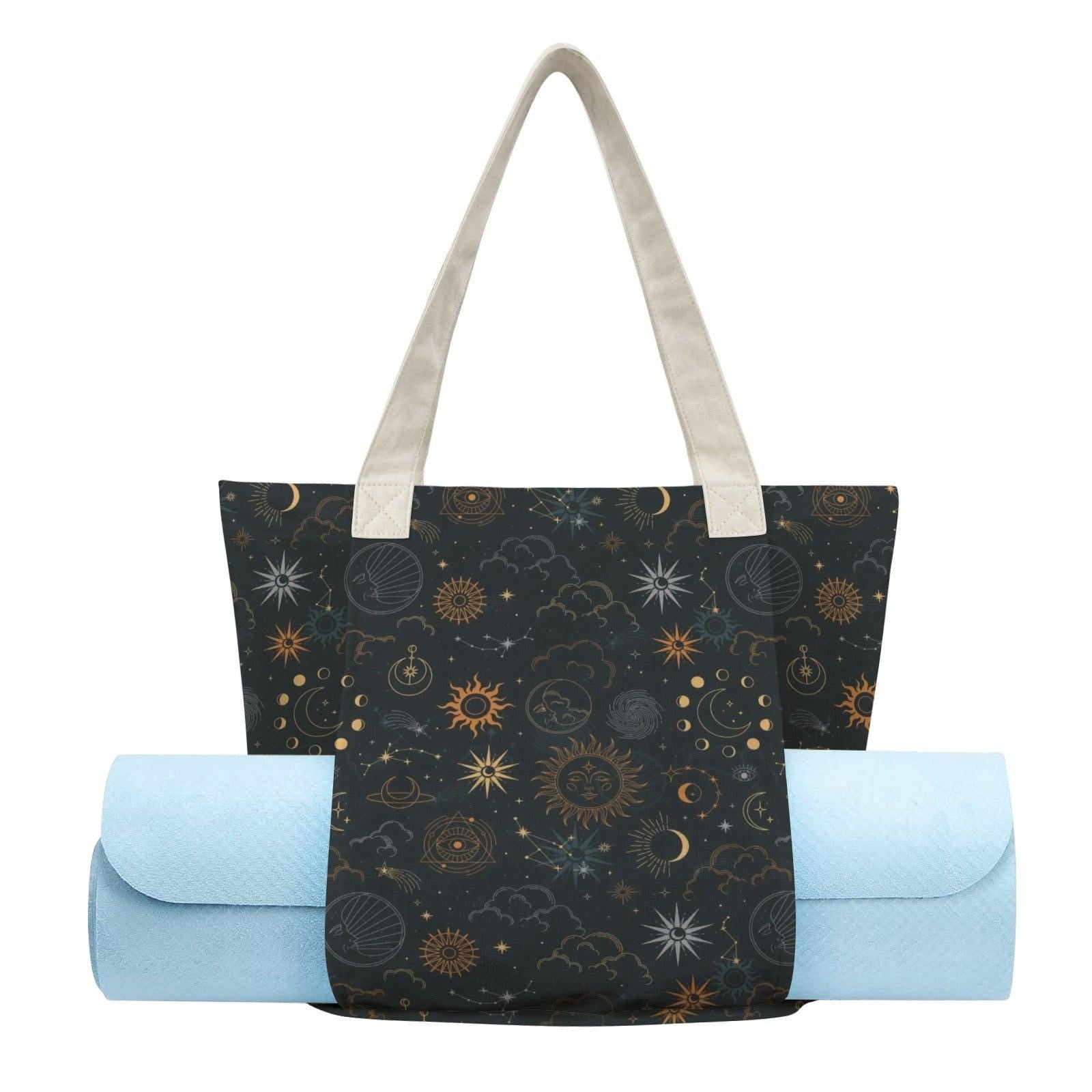 Celestial Yoga Mat Bag, Sun Moon Stars Tote with Strap, Dark Boho Studio Carrier