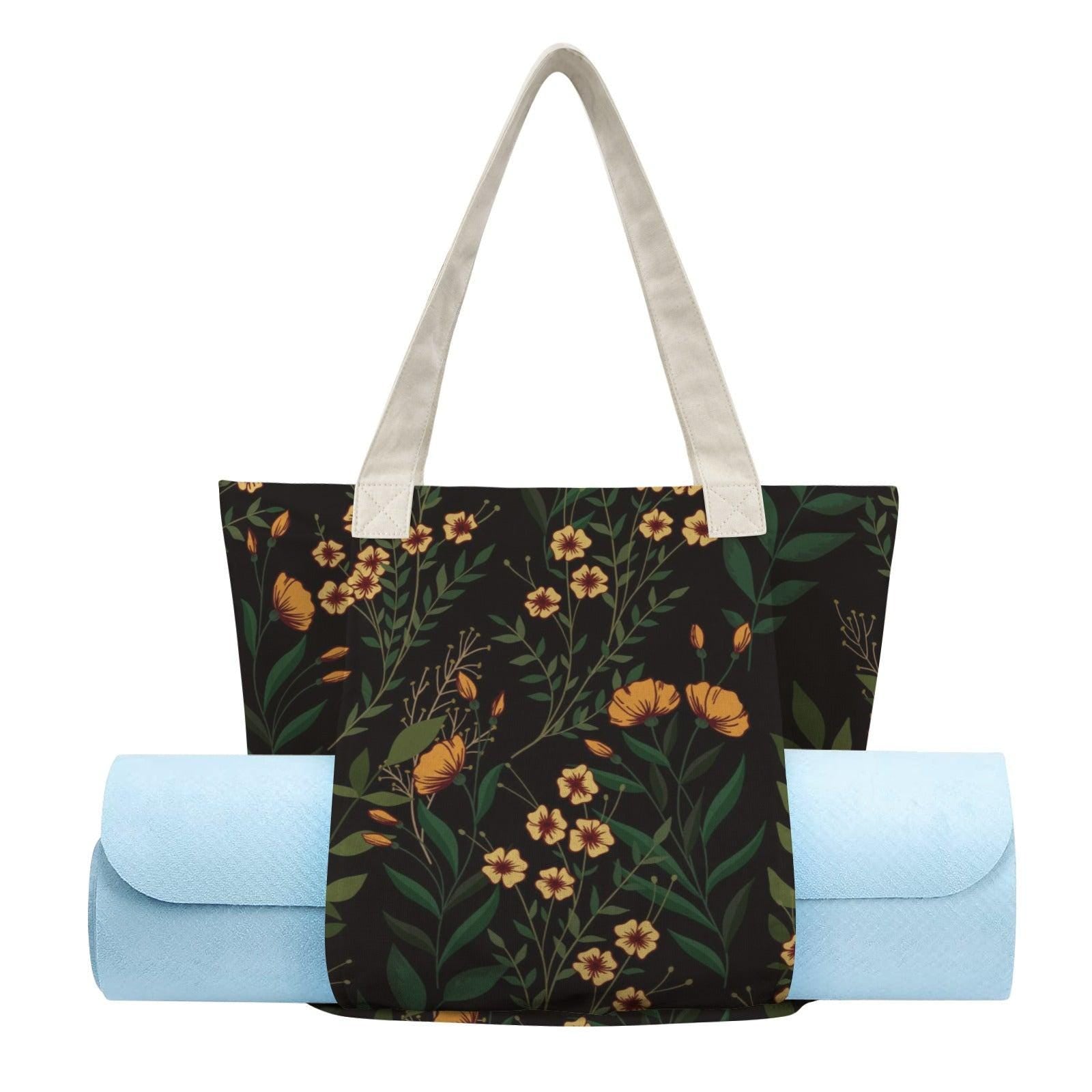 Black Wildflower Yoga Tote Bag, Orange Floral Gym Bag, Botanical Workout Carryall