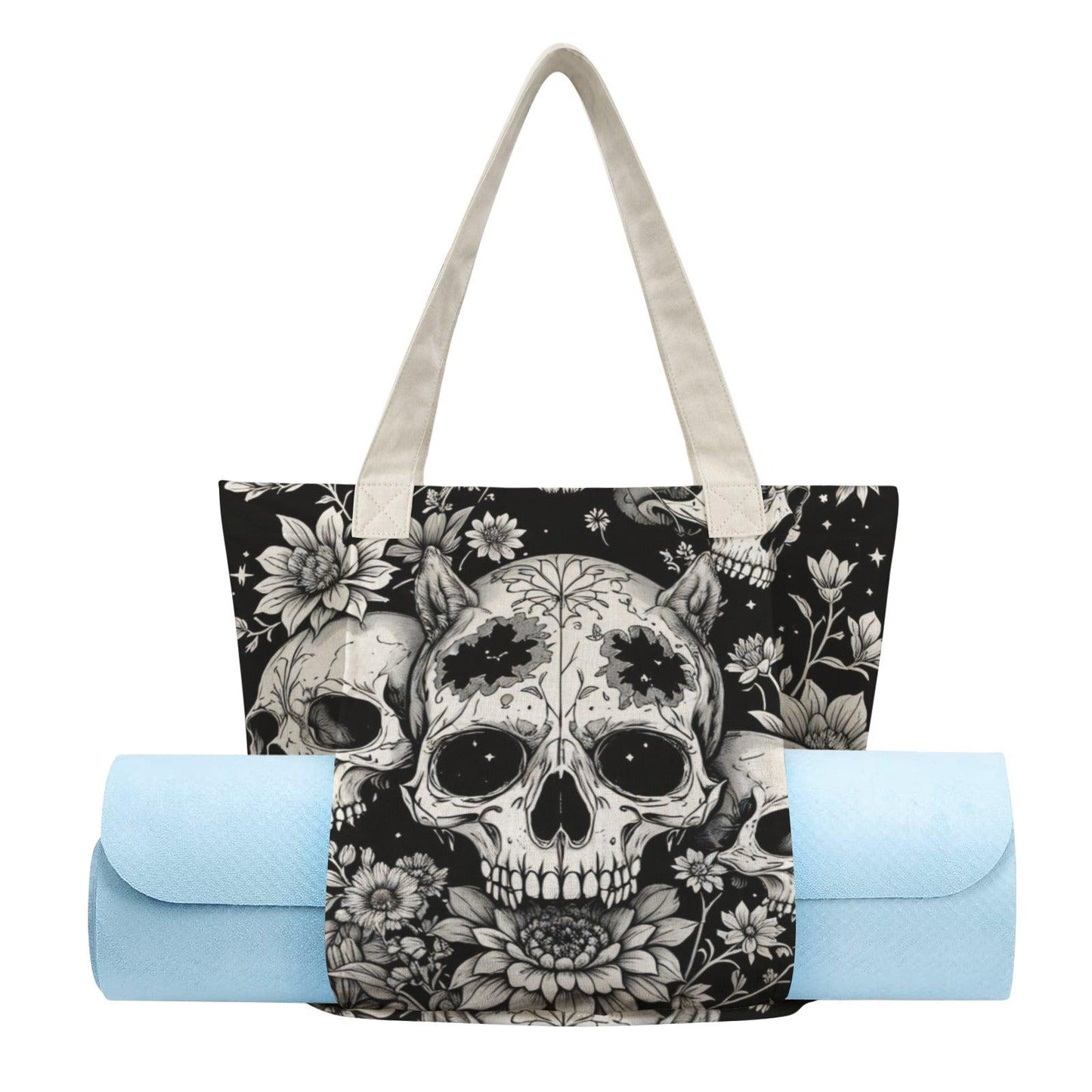 Gothic Skull Floral Yoga Mat Bag, Black White Line Art Tote, Witchy Gym Bag