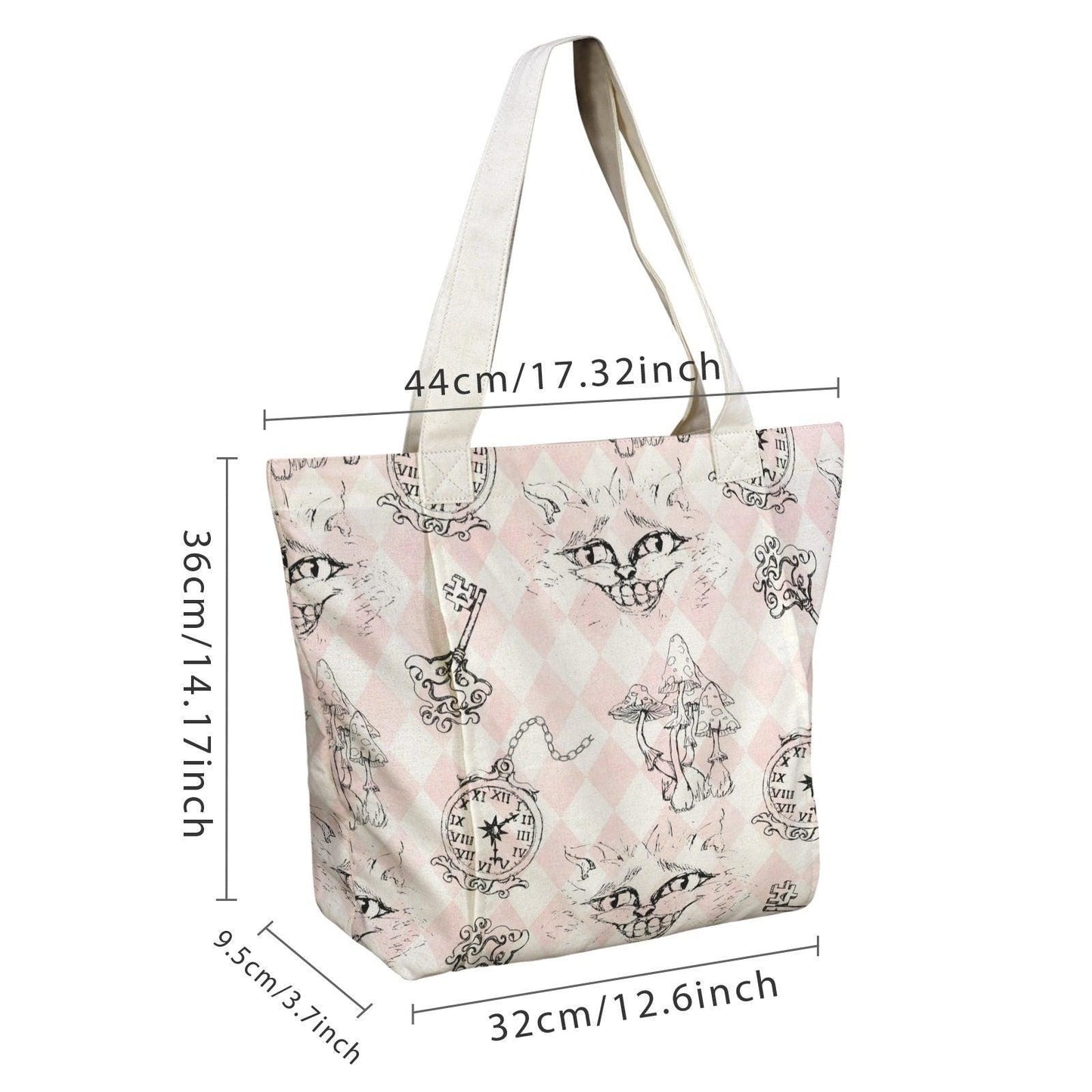 Whimsical Cat Harlequin Canvas Tote Bag, Storybook Keys Mushrooms Print