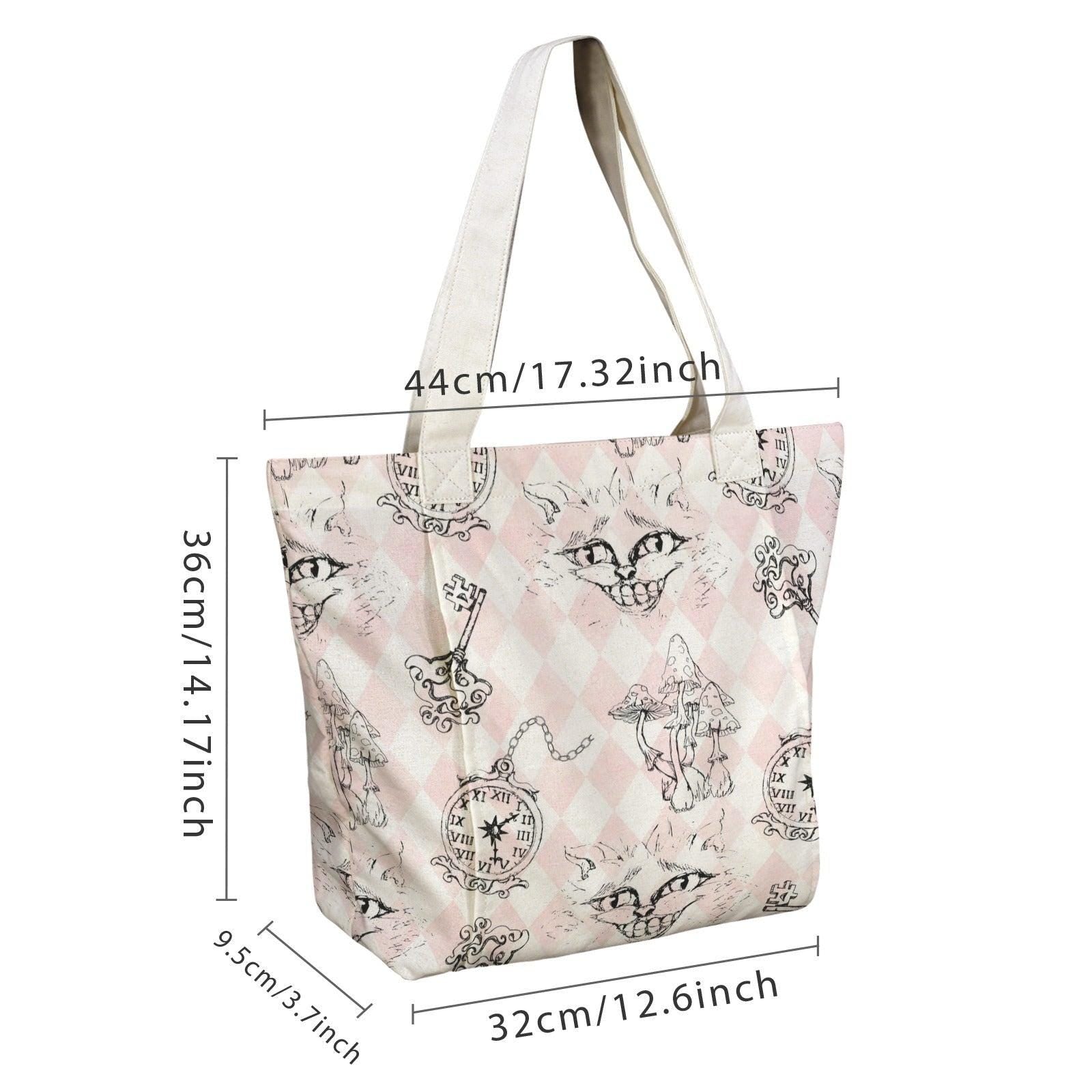 Whimsical Cat Harlequin Canvas Tote Bag, Storybook Keys Mushrooms Print