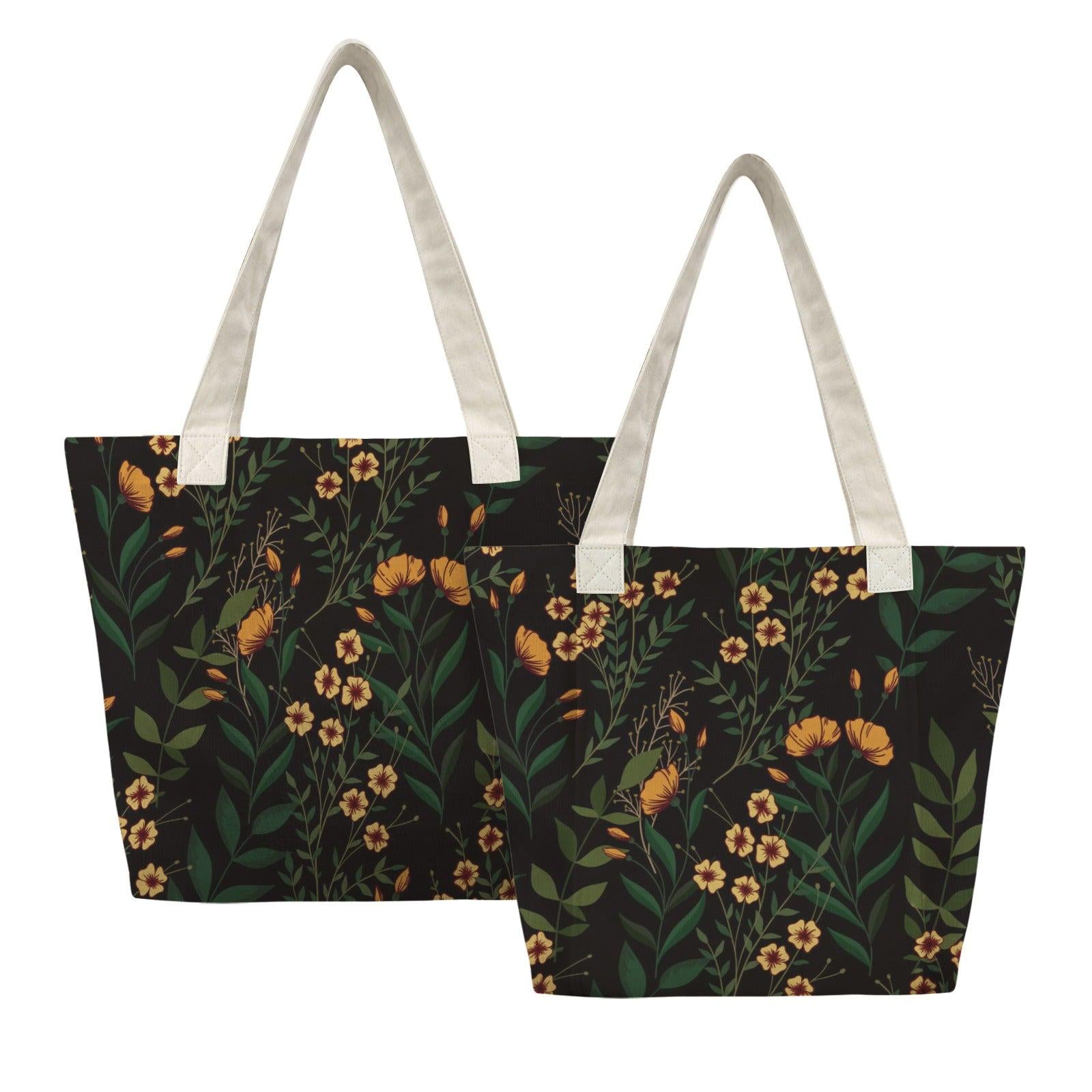 Black Wildflower Yoga Tote Bag, Orange Floral Gym Bag, Botanical Workout Carryall