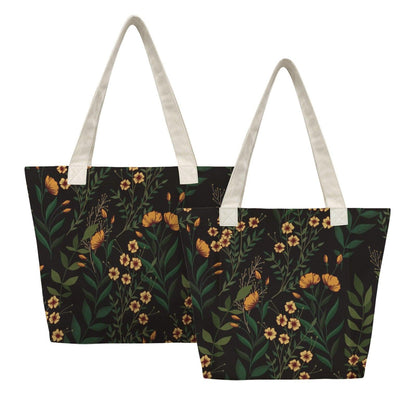 Black Wildflower Yoga Tote Bag, Orange Floral Gym Bag, Botanical Workout Carryall
