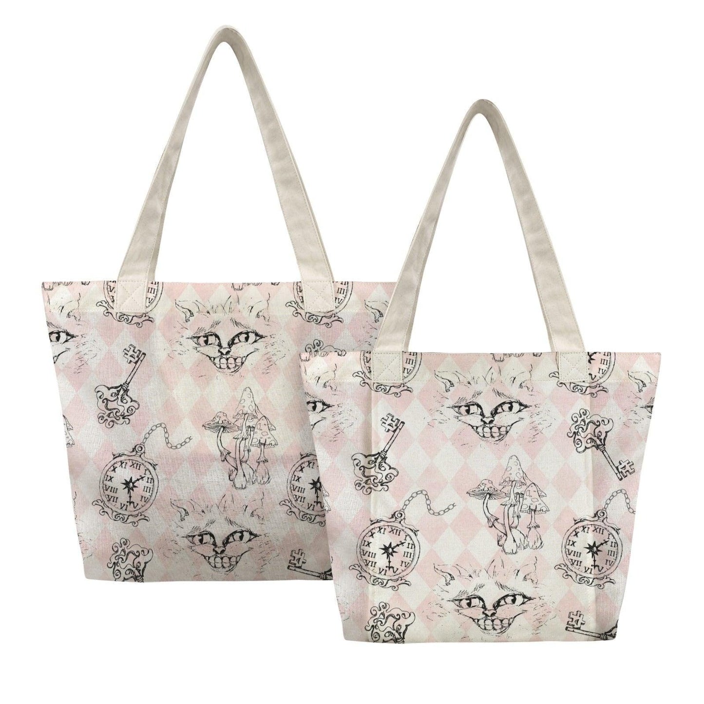 Whimsical Cat Harlequin Canvas Tote Bag, Storybook Keys Mushrooms Print