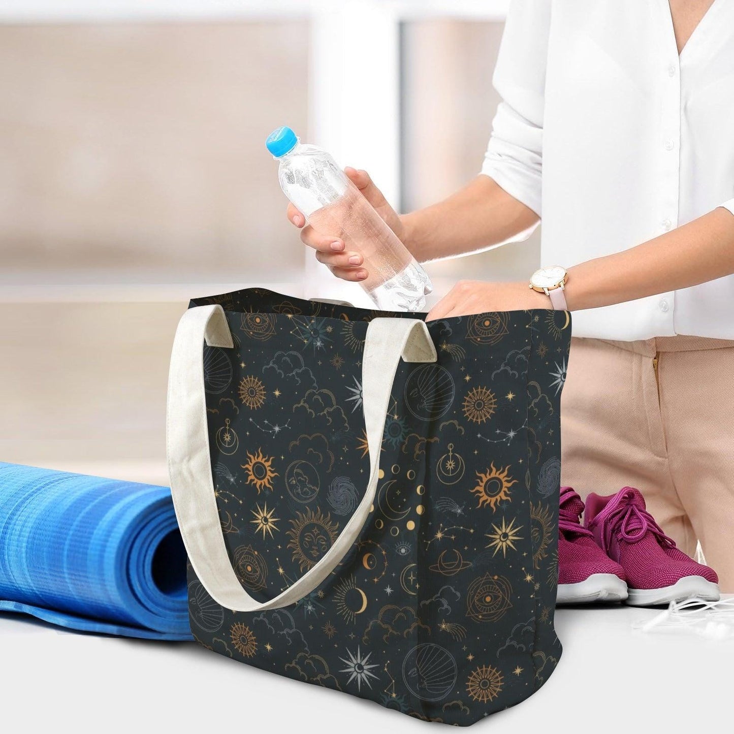 Celestial Yoga Mat Bag, Sun Moon Stars Tote with Strap, Dark Boho Studio Carrier