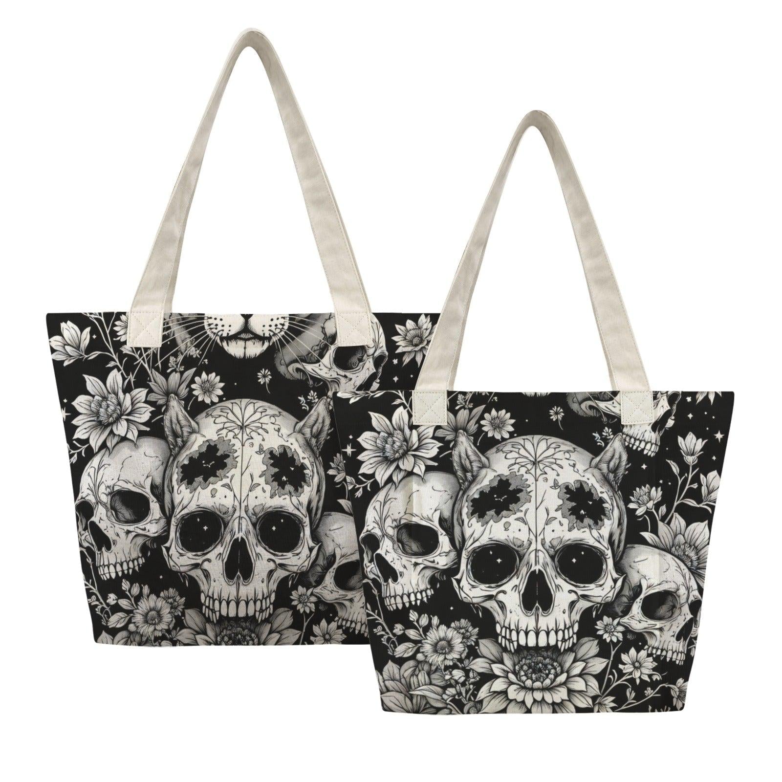 Gothic Skull Floral Yoga Mat Bag, Black White Line Art Tote, Witchy Gym Bag