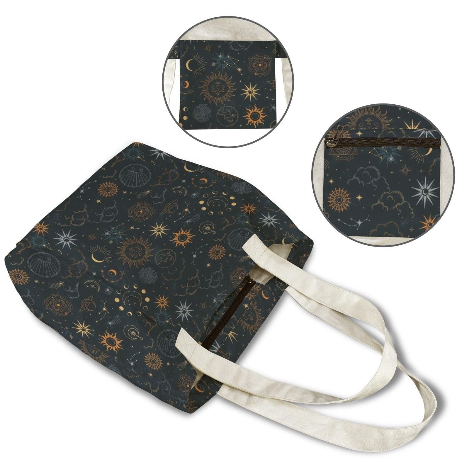 Celestial Yoga Mat Bag, Sun Moon Stars Tote with Strap, Dark Boho Studio Carrier