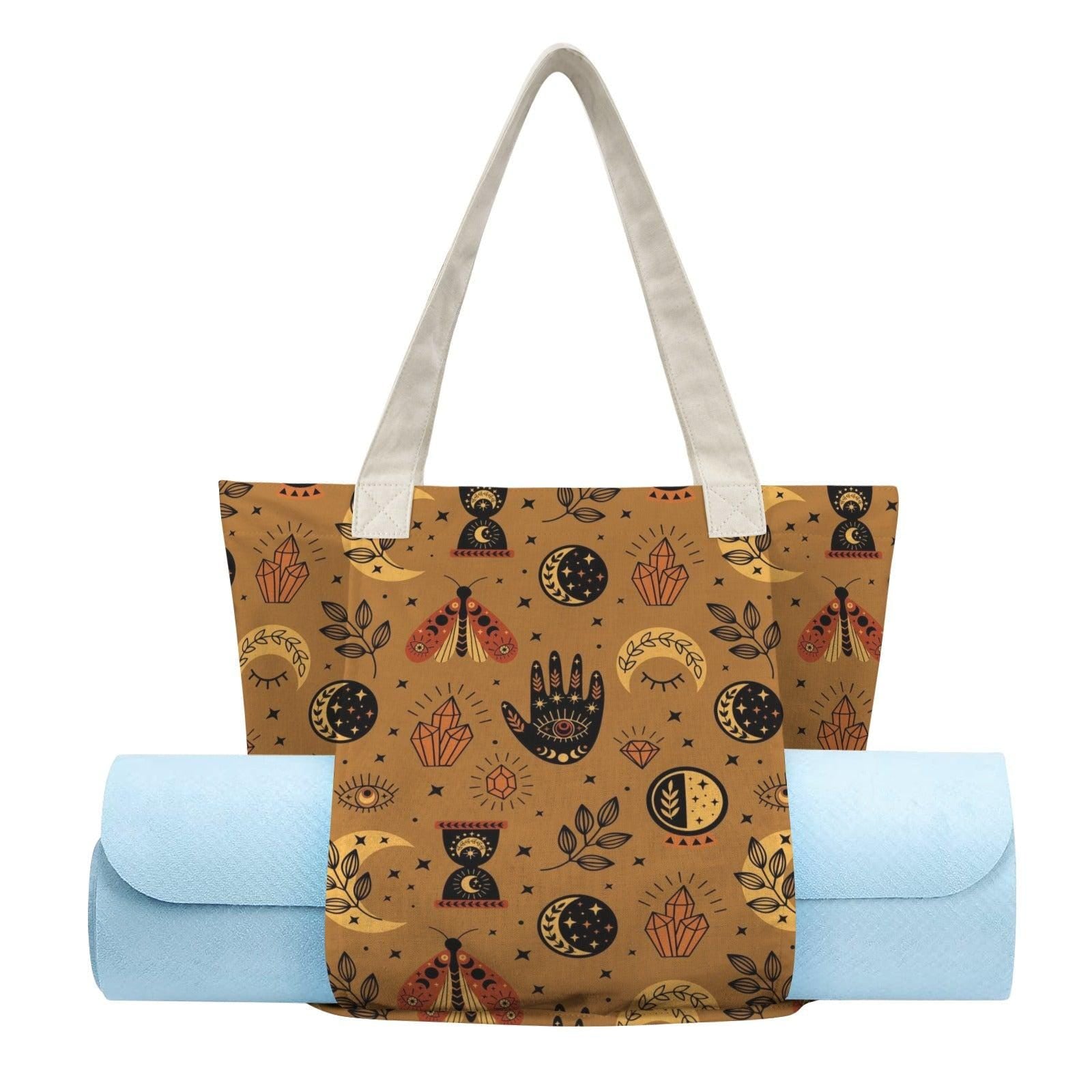 Celestial Moth Yoga Tote Bag, Mustard Moon Phase Gym Bag with Mat Holder