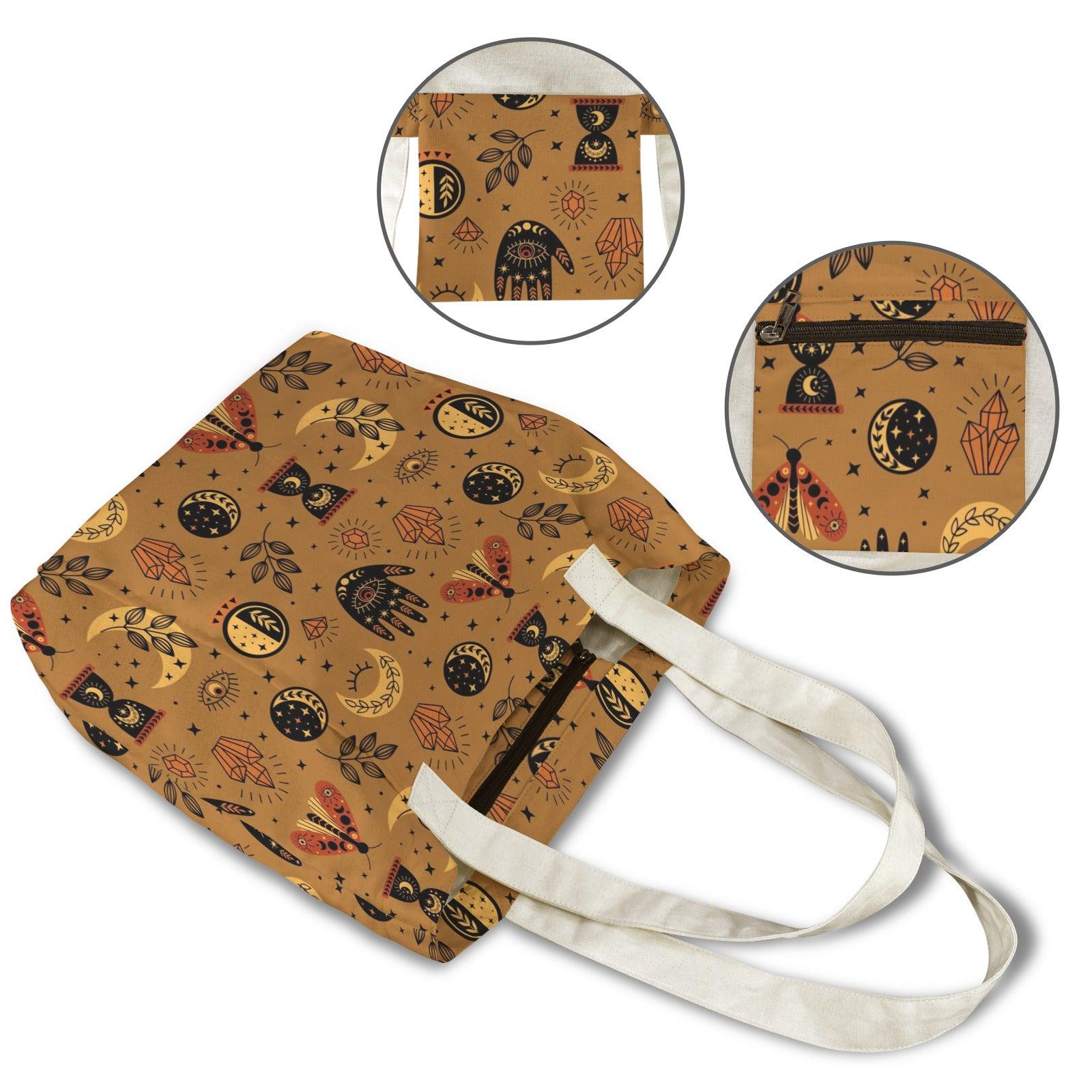 Celestial Moth Yoga Tote Bag, Mustard Moon Phase Gym Bag with Mat Holder