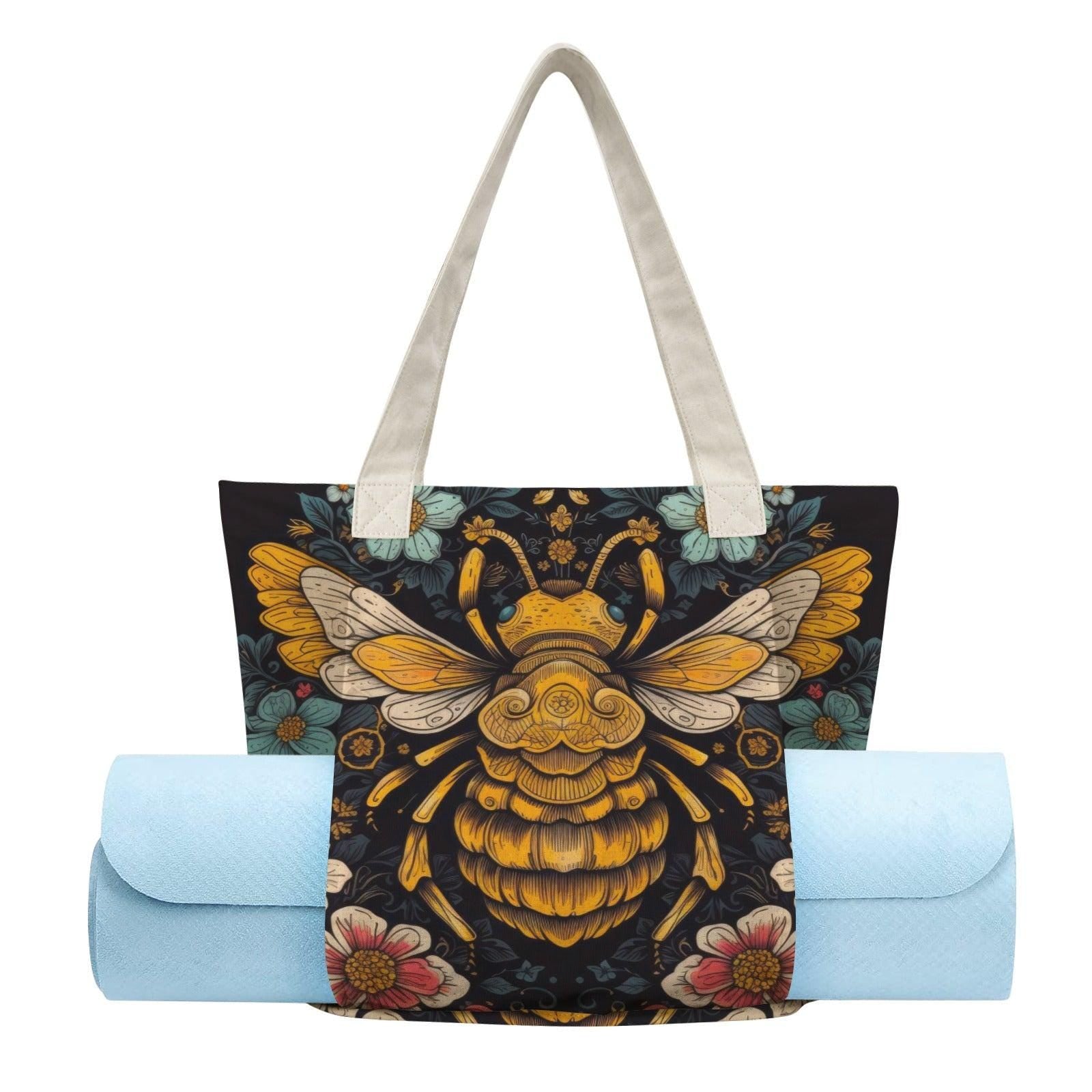 Golden Bee and Wildflower Print Yoga Tote Bag with Blue Mat Pockets