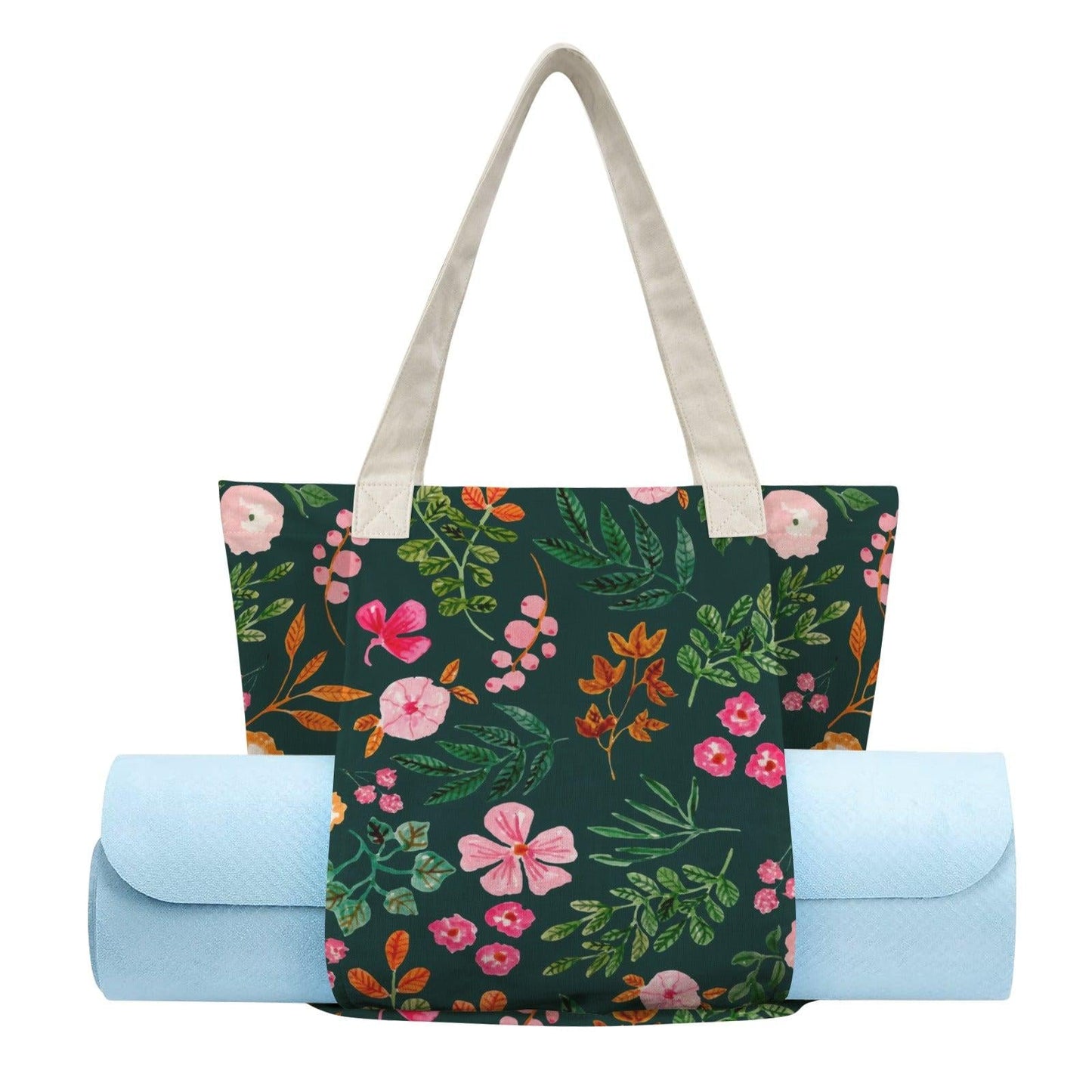 Wildflower Yoga Mat Tote Bag, Dark Green Floral Gym Carrier, Cottagecore Pilates Tote