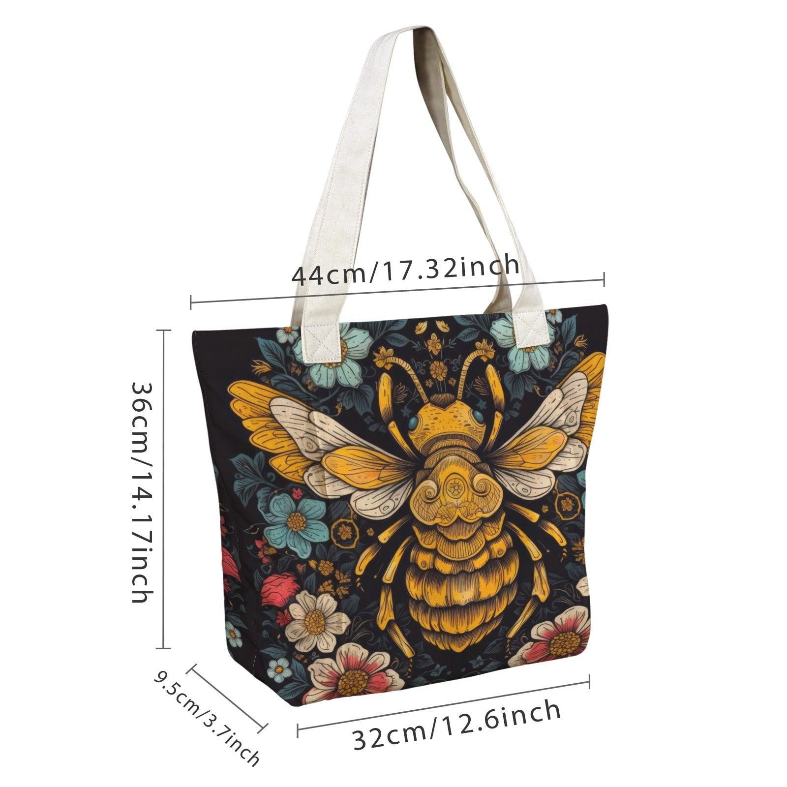 Golden Bee and Wildflower Print Yoga Tote Bag with Blue Mat Pockets
