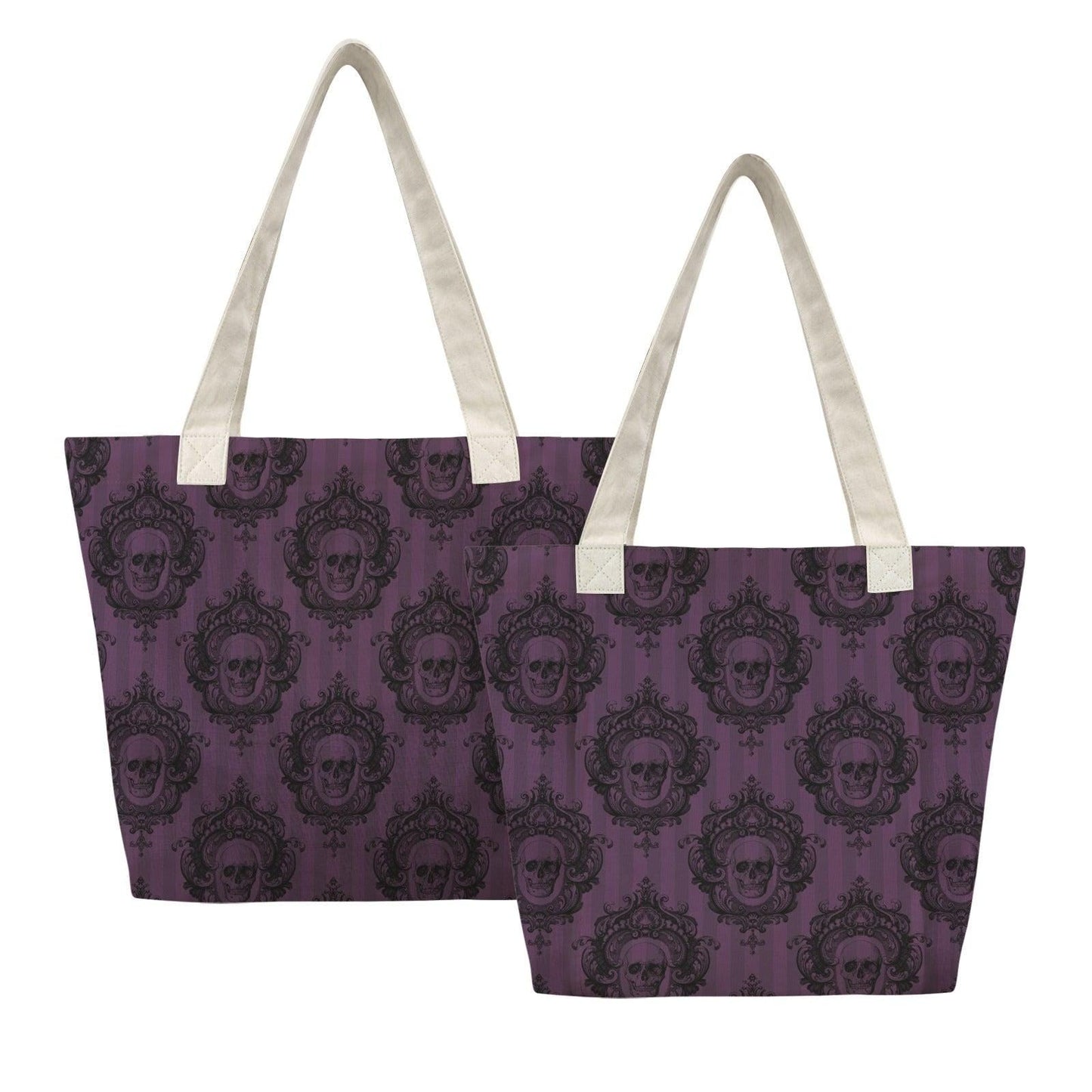 Gothic Skull Tote Bag, Purple Victorian Damask Canvas Shoulder Bag, Large Witchy Everyday Use