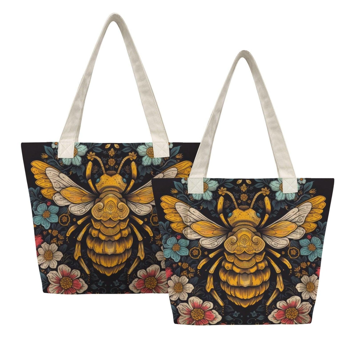 Golden Bee and Wildflower Print Yoga Tote Bag with Blue Mat Pockets