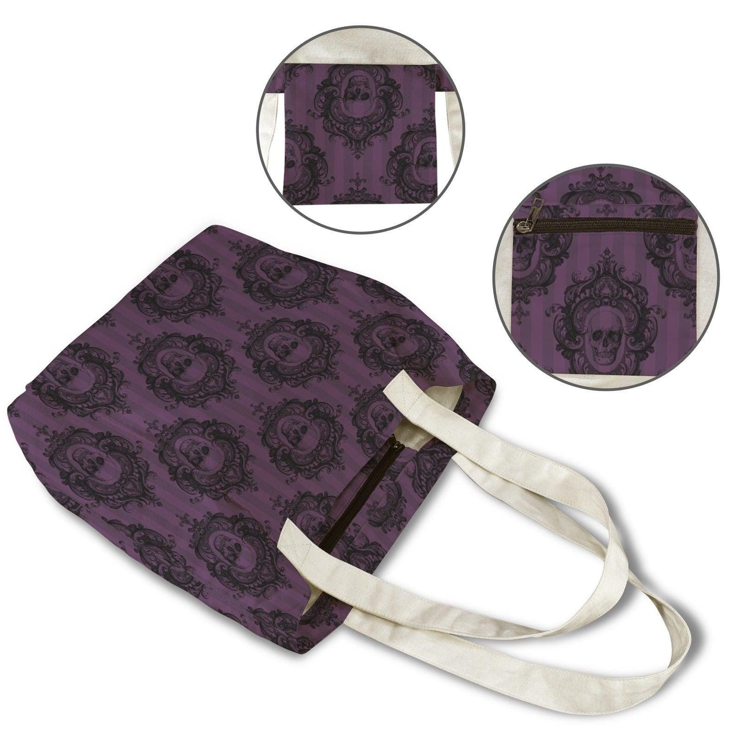 Gothic Skull Tote Bag, Purple Victorian Damask Canvas Shoulder Bag, Large Witchy Everyday Use