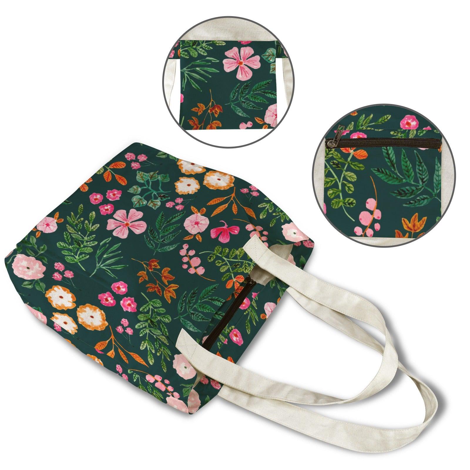 Wildflower Yoga Mat Tote Bag, Dark Green Floral Gym Carrier, Cottagecore Pilates Tote