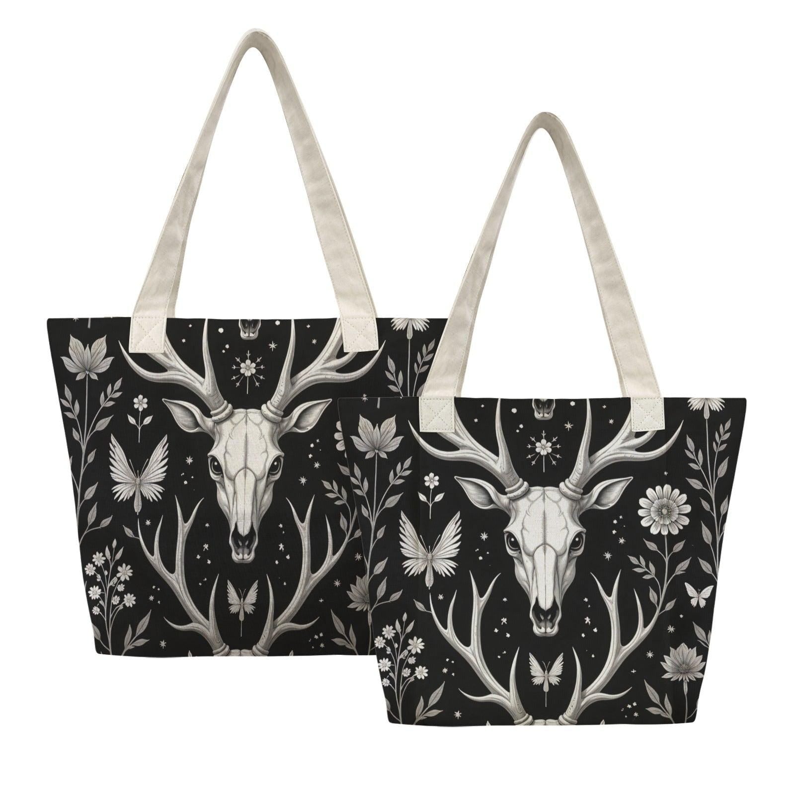 Deer Skull Yoga Tote Bag, Antler Floral Print Mat Carrier, Large Witchy Gym Bag