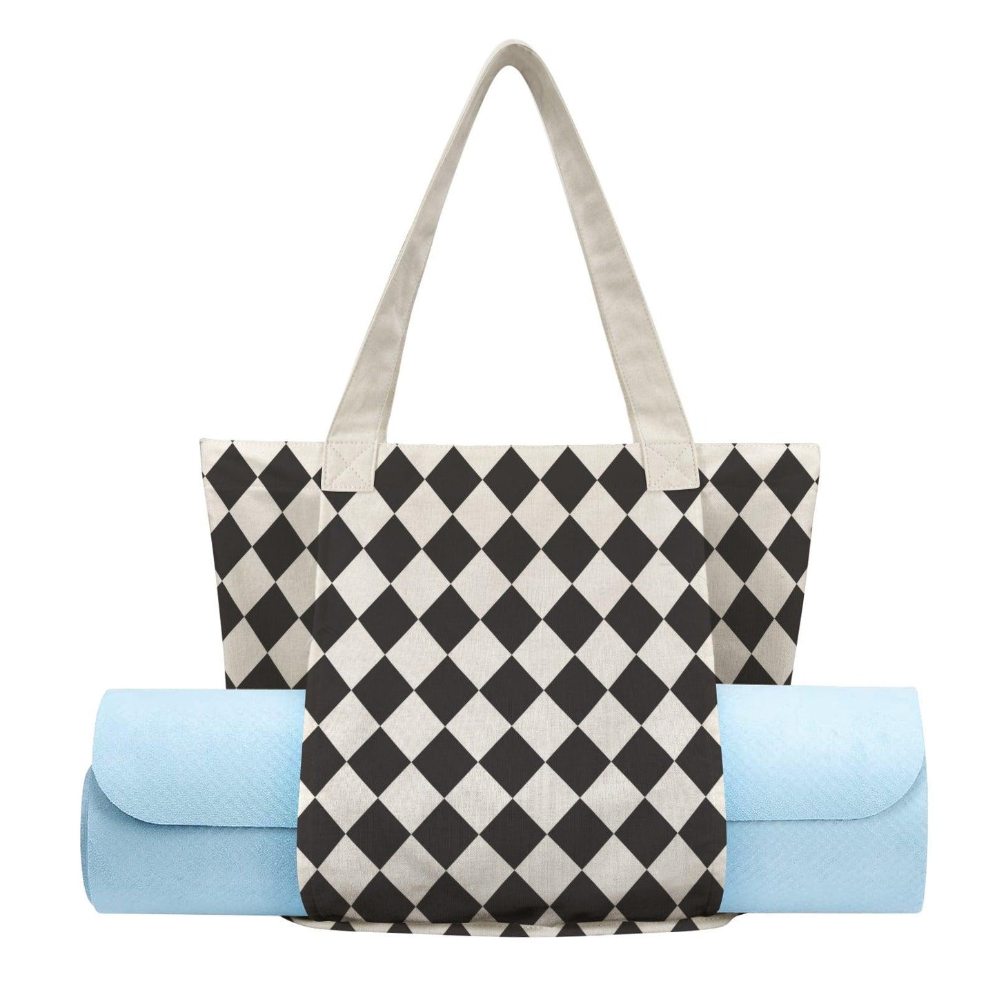 Black White Diamond Print Canvas Tote Bag, Harlequin Shoulder Bag, Work Errands Style