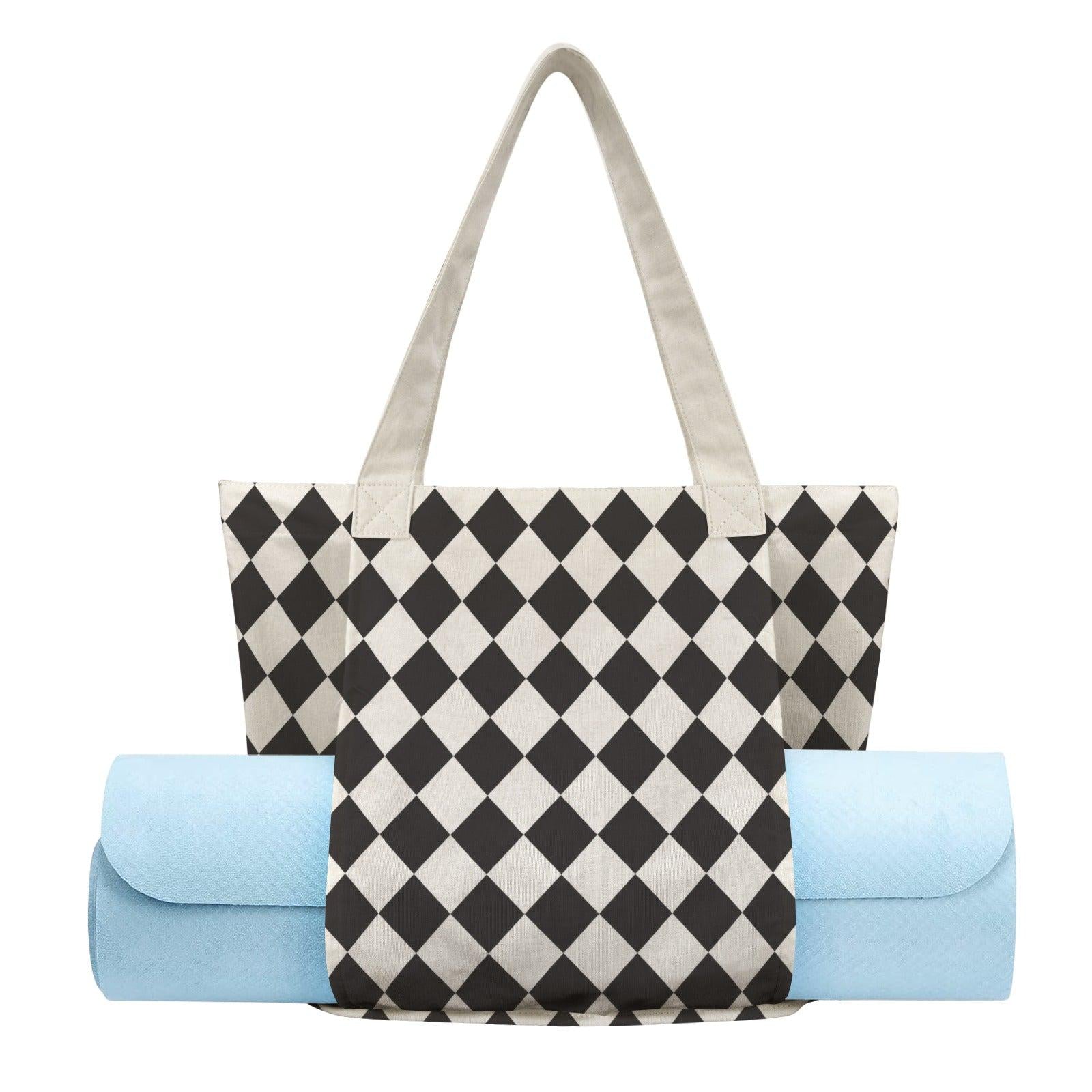 Black White Diamond Print Canvas Tote Bag, Harlequin Shoulder Bag, Work Errands Style